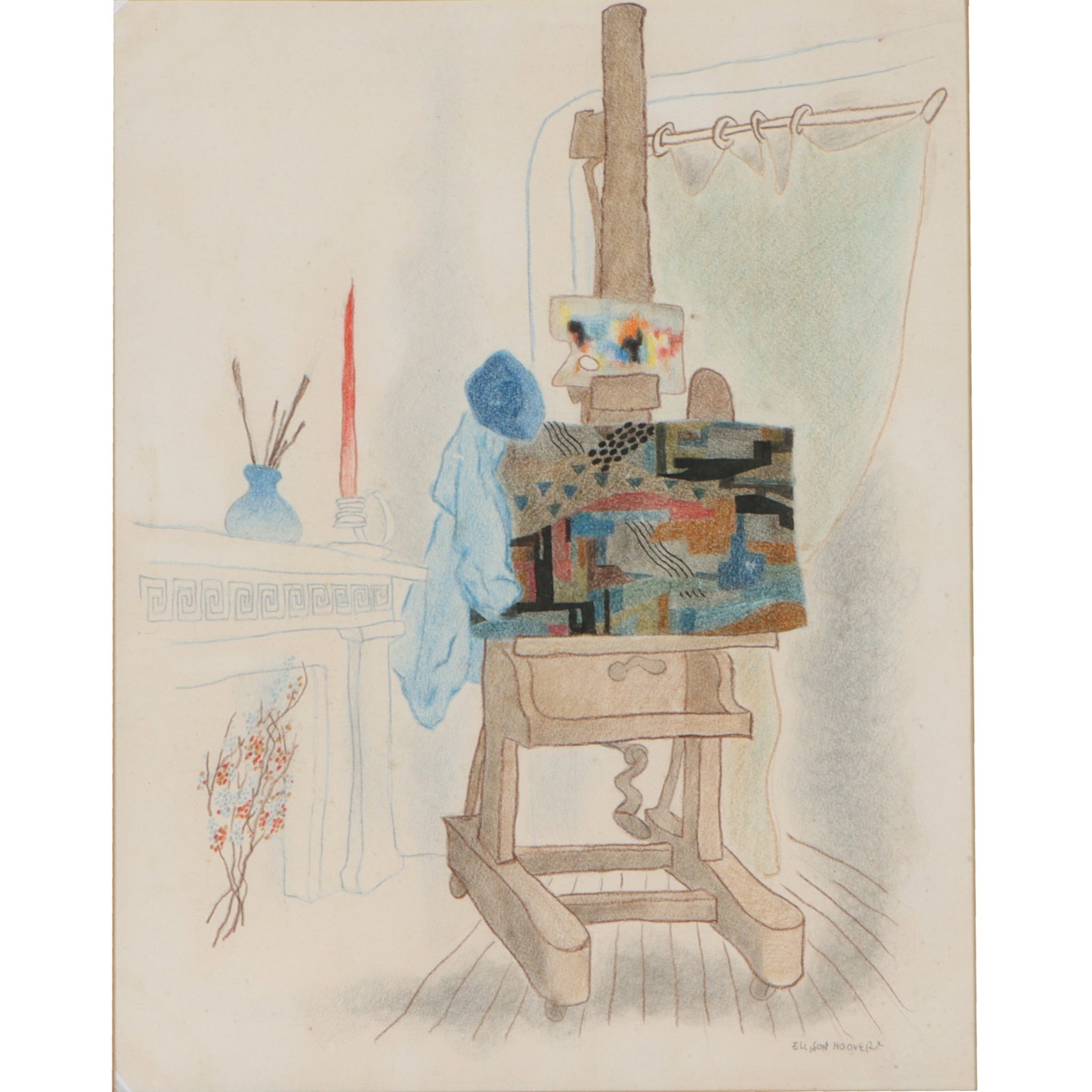 Ellison Hoover, American (1888-1955), The Artist's Studio, interior scene with fireplace and artist (1 of 8)