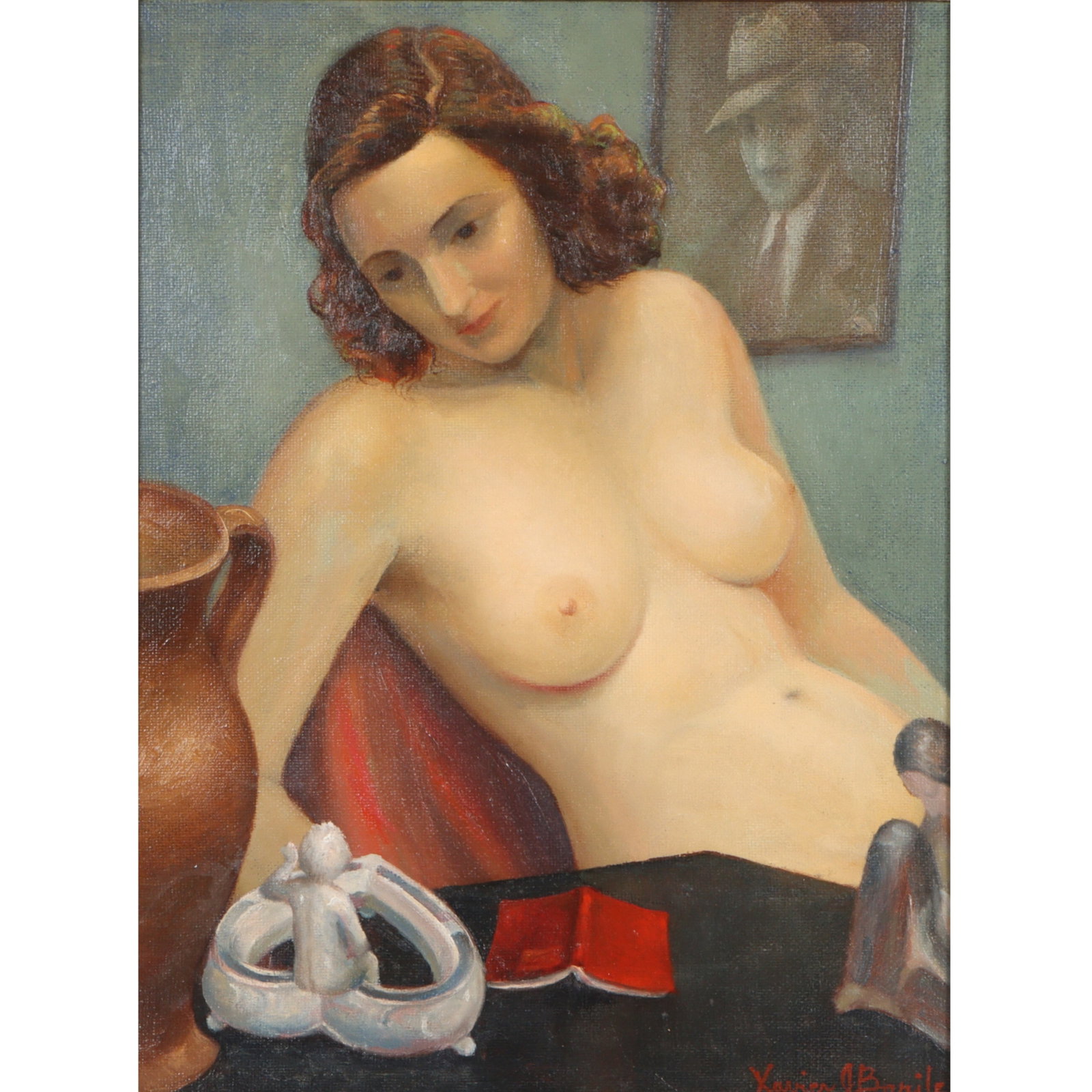 Xavier J. Barile, Italian American (1891-1981), June, seated female nude, 1938, oil on board, 22"H x: Xavier J. Barile Italian American (1891-1981) June, seated female nude, 1938 oil on board Signed lower right and verso. Biography from the Archives of askART: The following information was provided by