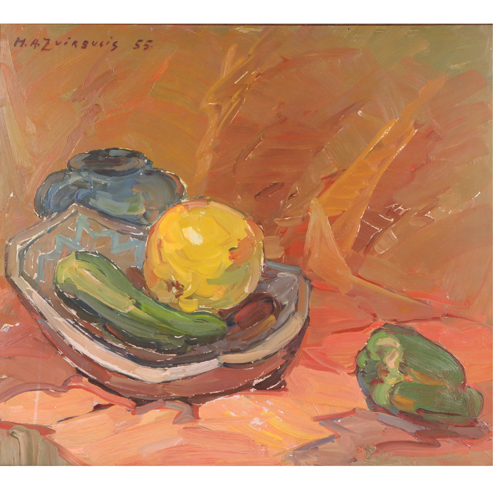 Mikelis A. Zvirbulis, Latvian (1891-1961), still life with fruit, 1955, oil on masonite, 22 1/4"H x (1 of 13)