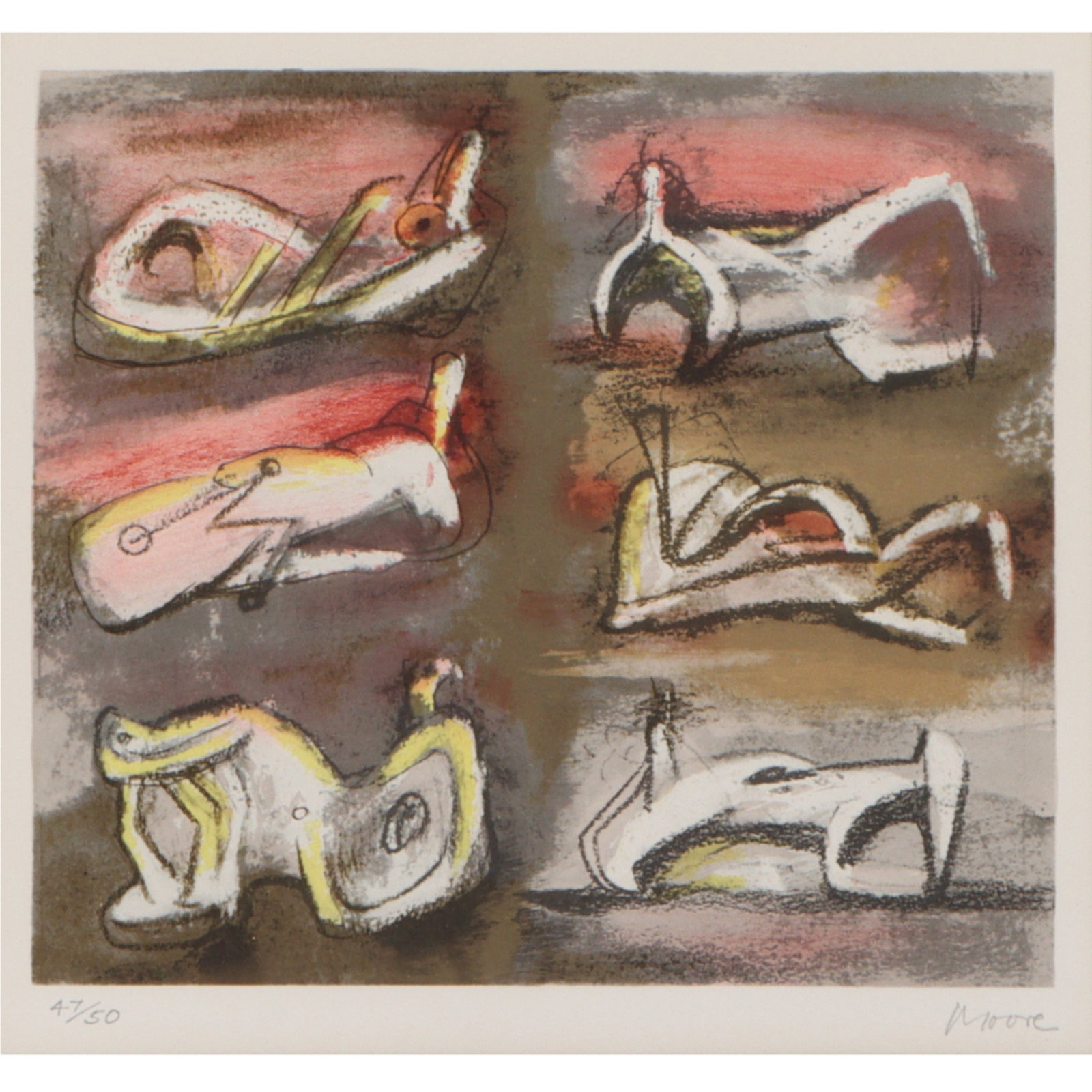 Henry Moore, British (1898-1986), Six Reclining Figures with Red Background, 1981, color lithograph: Henry Moore British (1898-1986) Six Reclining Figures with Red Background, 1981 color lithograph lithograph in eleven colors, on T.H. Saunders paper, signed in pencil lower right, numbered 47/50 lower