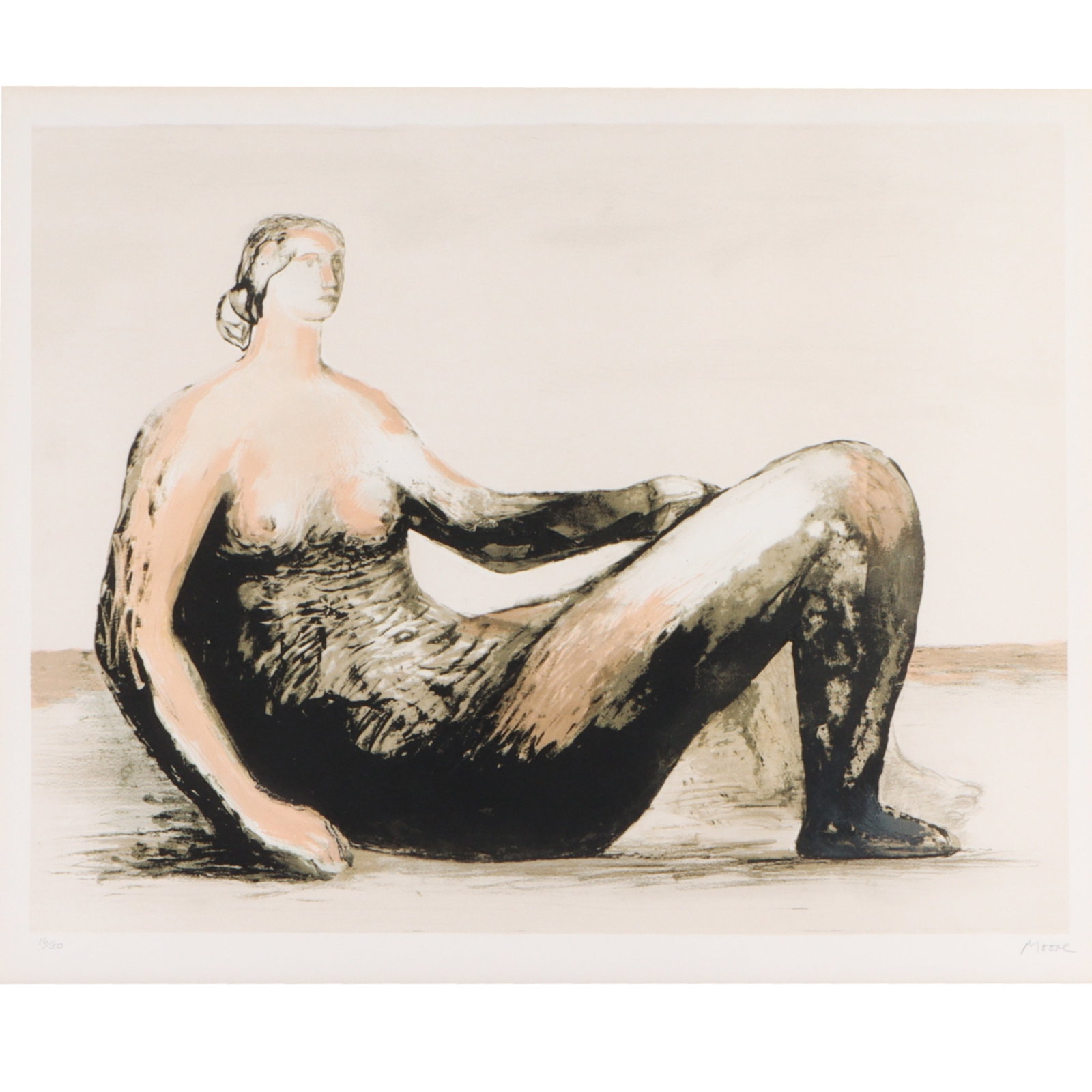 Henry Moore, British (1898-1986), Reclining Woman IV, 1980/81, lithograph in twelve colors on Rives,: Henry Moore British (1898-1986) Reclining Woman IV, 1980/81 lithograph in twelve colors on Rives Pencil signed lower right, numbered 16/50. Evelyn Aimis Fine Art, FL label verso. (there were also 15 p