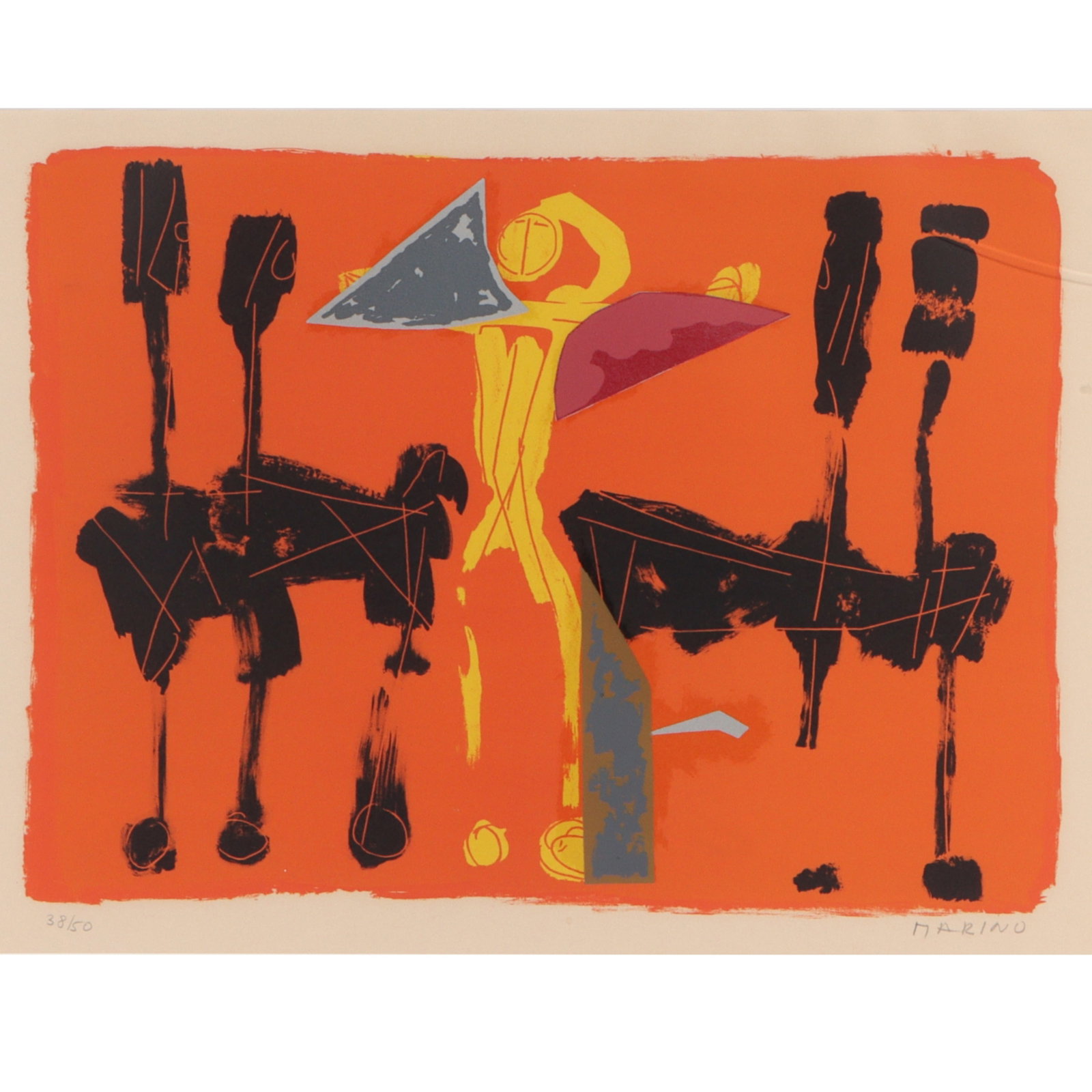 Marino Marini, Italian (1901-1980), Chevaux et Cavaliers, 1972, color lithograph, 16 1/2"H x 21: Marino Marini Italian (1901-1980) Chevaux et Cavaliers, 1972 color lithograph pencil signed lower right, numbered 38/50. as included in Chevaux et Cavaliers, on Arches paper, with full margins. Nicks