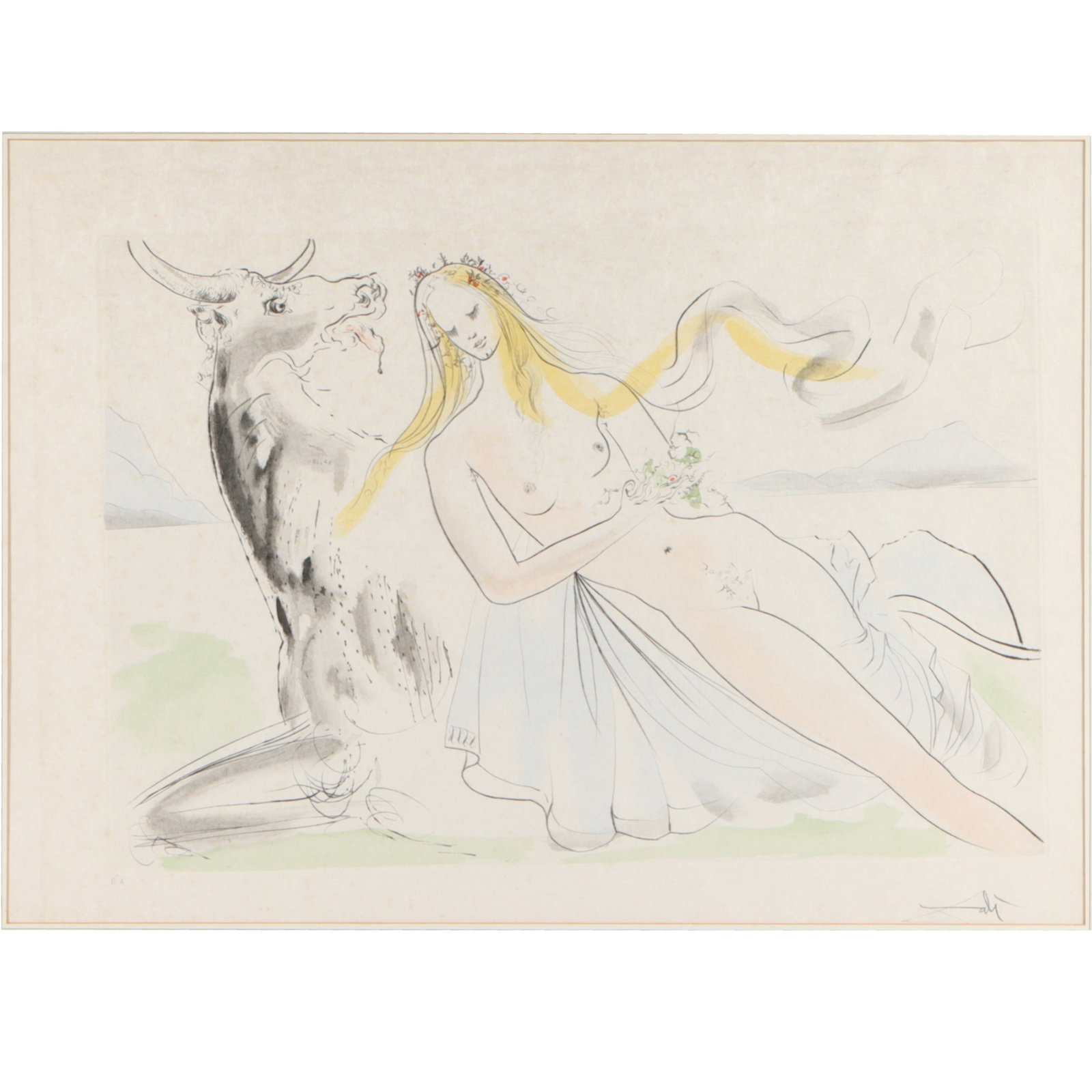 Salvador Dali, Spanish (1904-1989), Le Viol d'Europe (Rape of Europa), from the Mythology Nouvelle: Salvador Dali Spanish (1904-1989) Le Viol d'Europe (Rape of Europa), from the Mythology Nouvelle series color engraving Pencil signed lower right, E.A., edition aside, artist proof. 19 1/4"H x 26