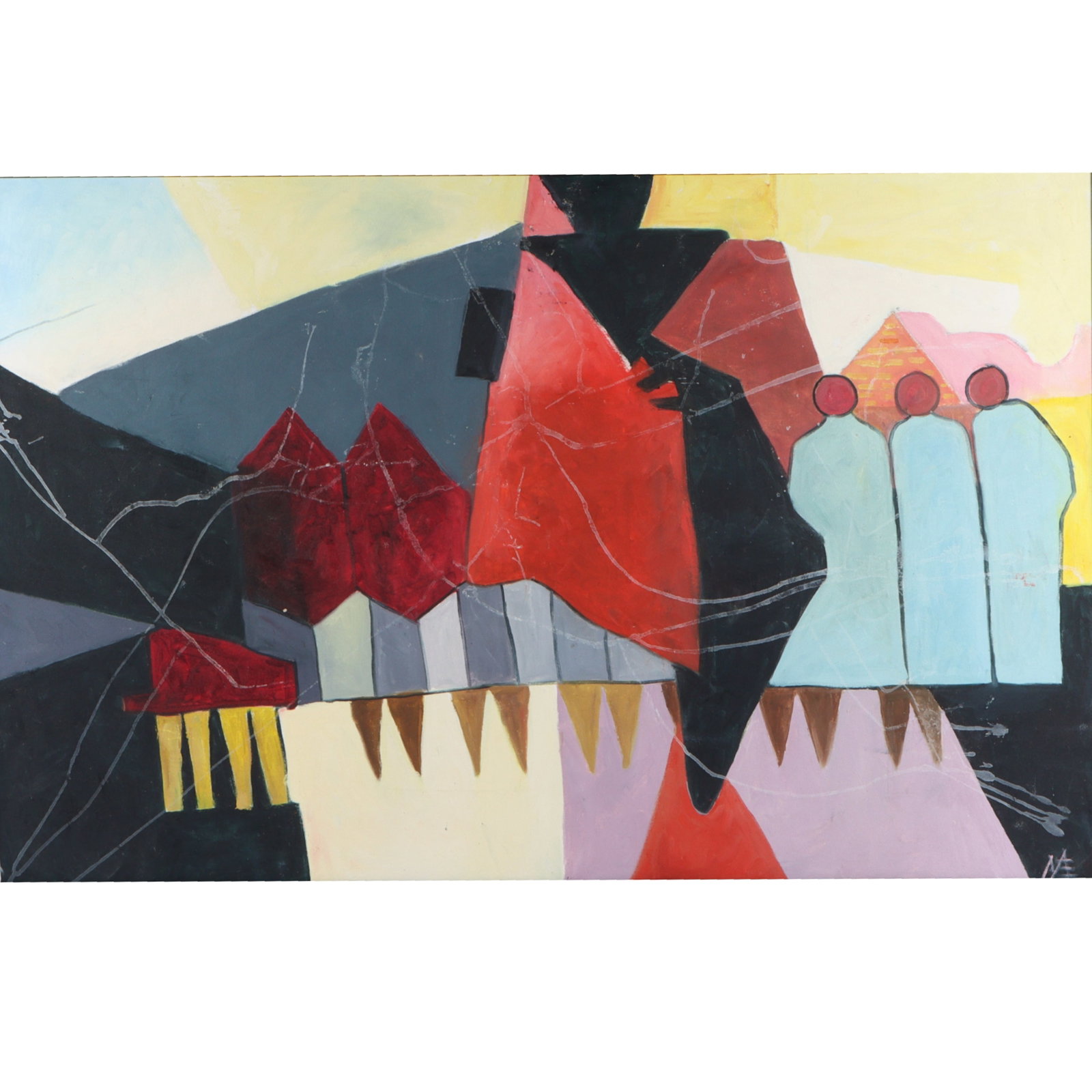 Mae Alice Engron, Indiana (1933-2007), abstract landscape with three figures, oil on canvas, 35"H x (1 of 10)