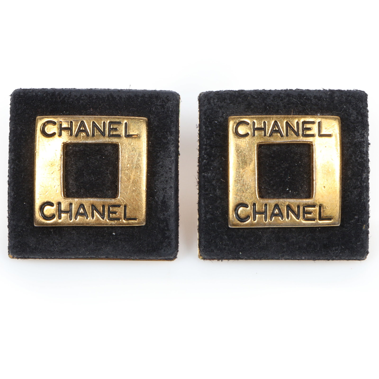 Chanel black suede and gold tone square clip-on earrings 1 1/2"H x 1 1/2"W (one earring measured) (1 of 6)