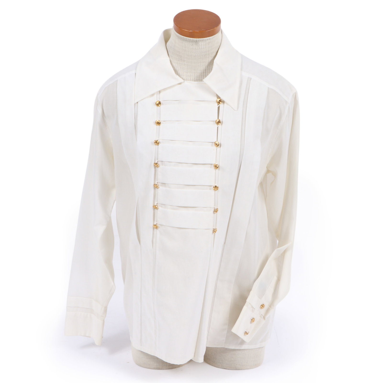 Chanel Boutique white pleated front blouse shirt with CC gold tone buttons 18" pit to pit, 22": Chanel Boutique white pleated front blouse shirt with CC gold tone buttons A white cotton blouse featuring a structured collar and decorative gold buttons. Very small stain on collar. 18" pit to pit, 