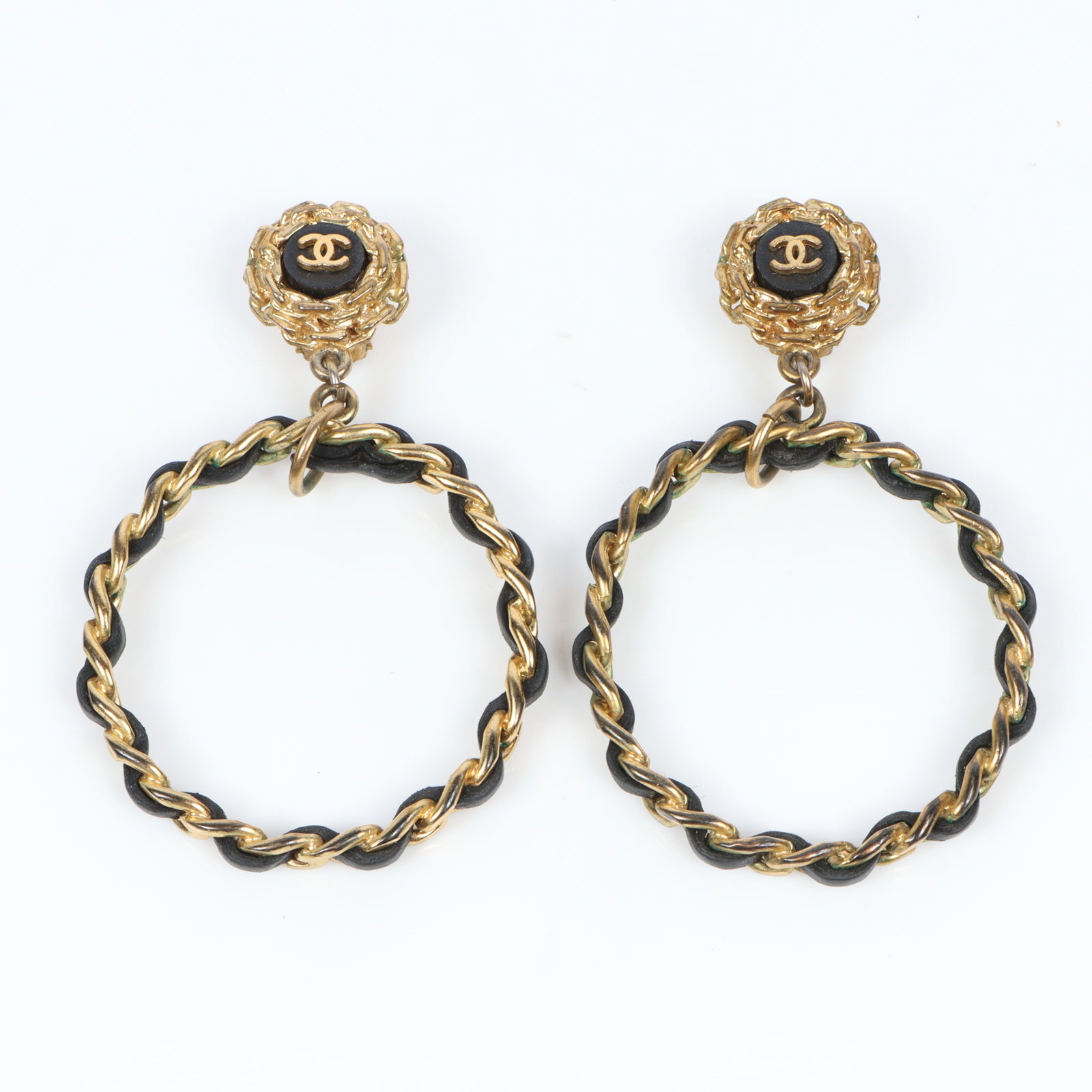 Pair of Chanel black leather woven gold tone chain double CC hoop clip-on earrings 3 1/4"H x (1 of 12)