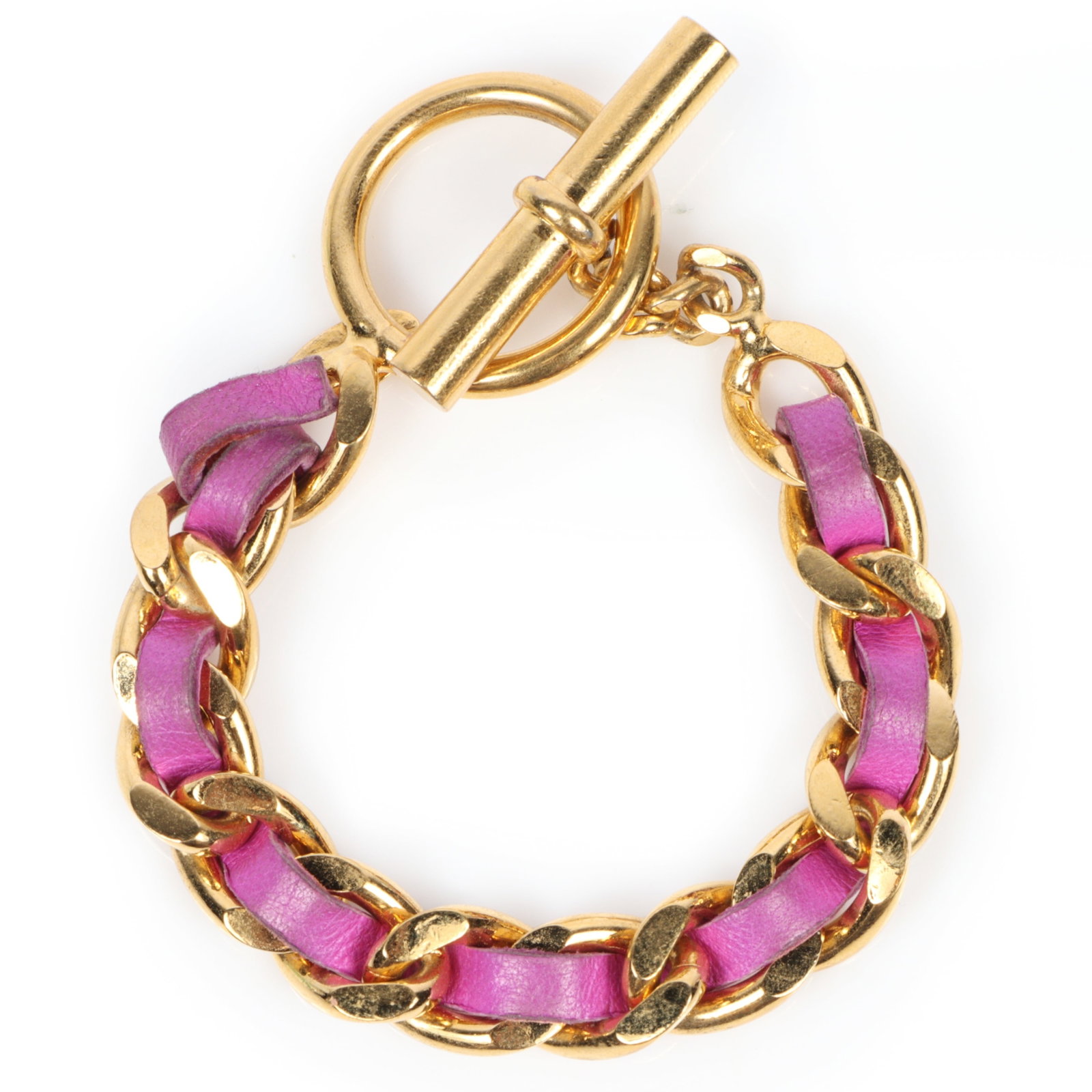Chanel pink leather woven gold tone chain toggle bracelet 7 3/4"Long x 1/4"W: Chanel pink leather woven gold tone chain toggle bracelet Wear on leather and hardware plating. 7 3/4"Long x 1/4"W