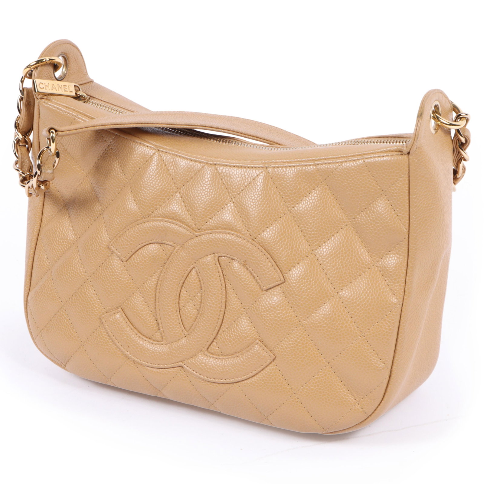 Chanel Caviar Timeless Beige Quilted "CC" Leather Shoulder Bag with Gold Tone Hardware, 7 1/2"H x: Chanel Caviar Timeless Beige Quilted "CC" Leather Shoulder Bag with Gold Tone Hardware Interior is clean. 7 1/2"H x 11"W(body), 11"Handle drop