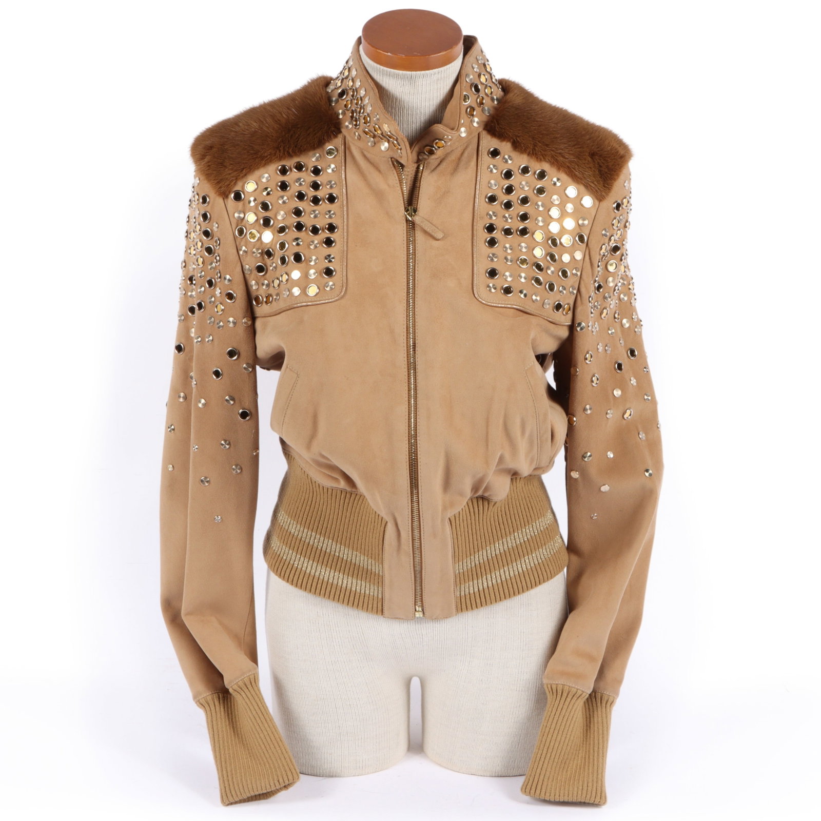2006 Gucci by Frida Giannini suede bomber jacket with mink trim & mirror and silver disc studded (1 of 14)