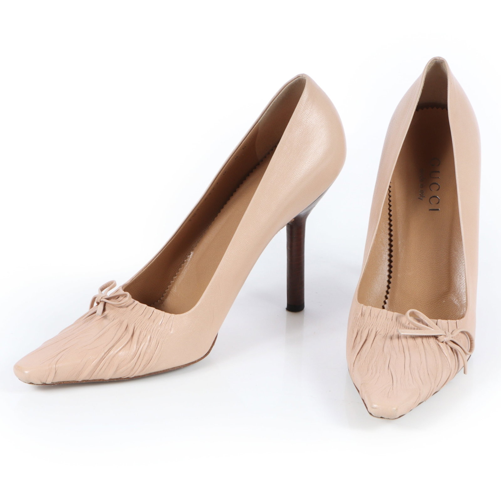 1999 Gucci by Tom Ford crinkle bow tan leather stiletto heels, size 8. 10 1/4"H x 3"W; size 8B (one (1 of 11)
