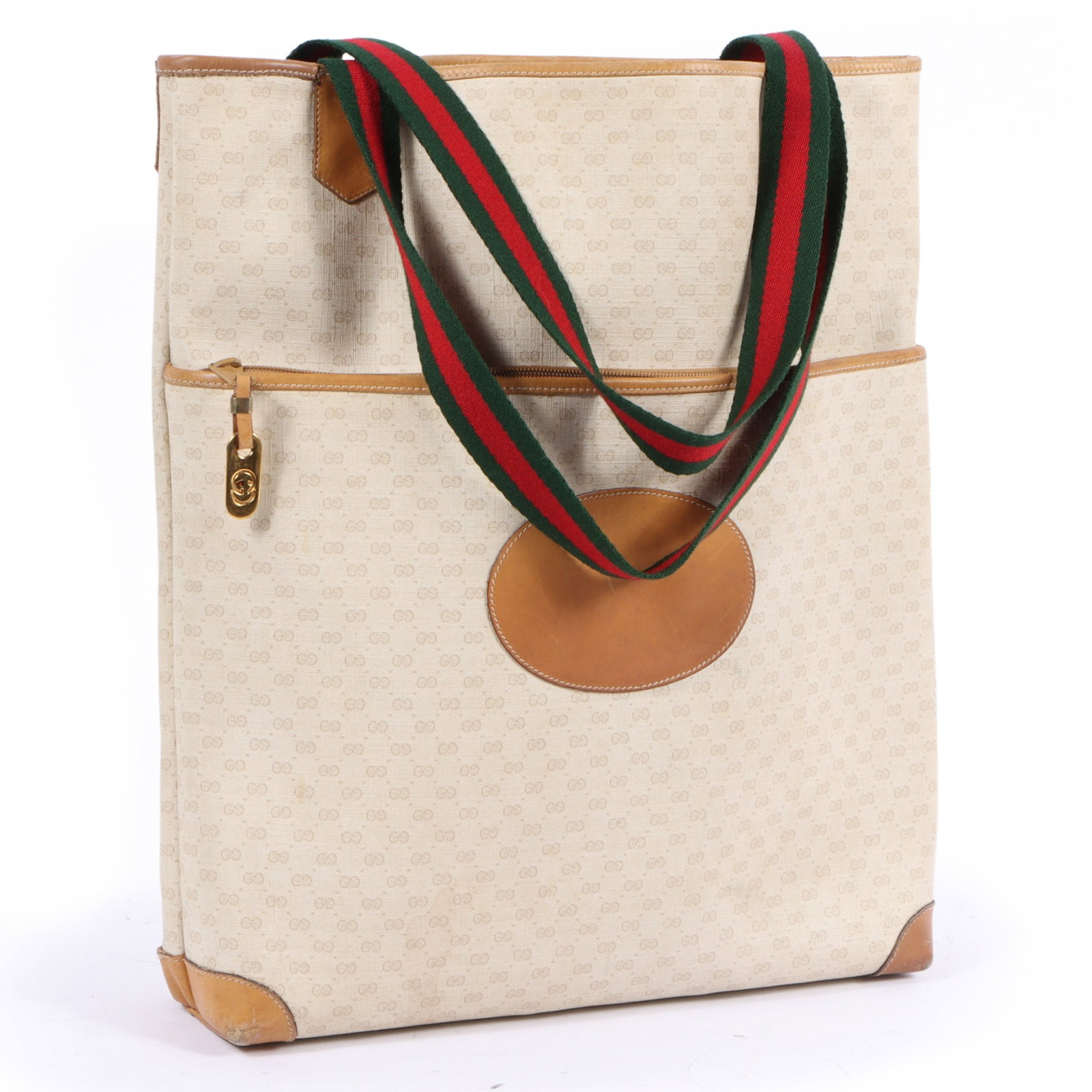 Gucci Micro GG monogram coated canvas tote shopper bag with leather accent trim 15"H x 15"W(body), 9: Gucci Micro GG monogram coated canvas tote shopper bag with leather accent trim A vintage Gucci monogram tote bag featuring the classic GG pattern in beige with leather accents and the signature green