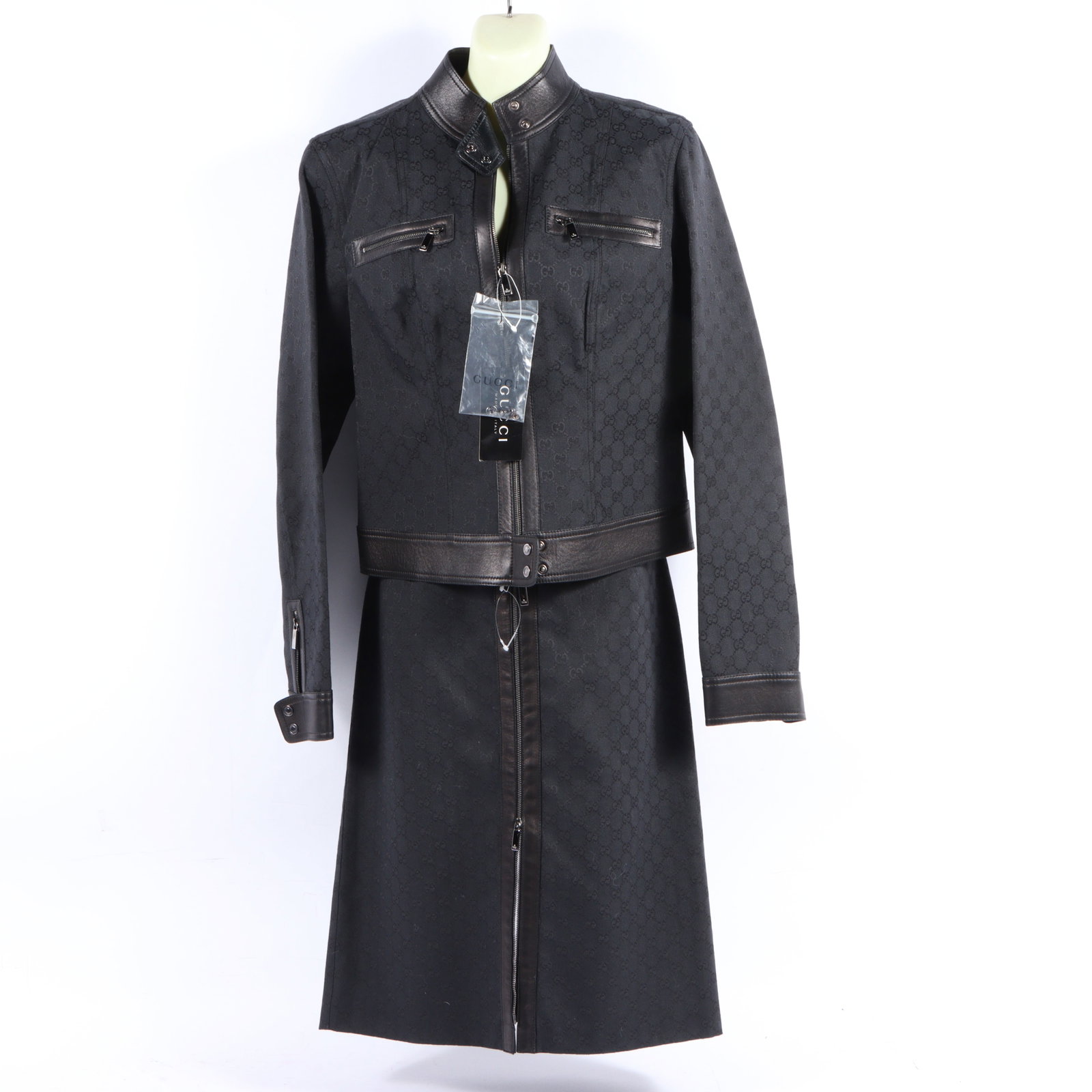 2000 Gucci by Tom Ford moto monogram canvas jacket & skirt with leather accents. 17"Pit to pit x (1 of 20)