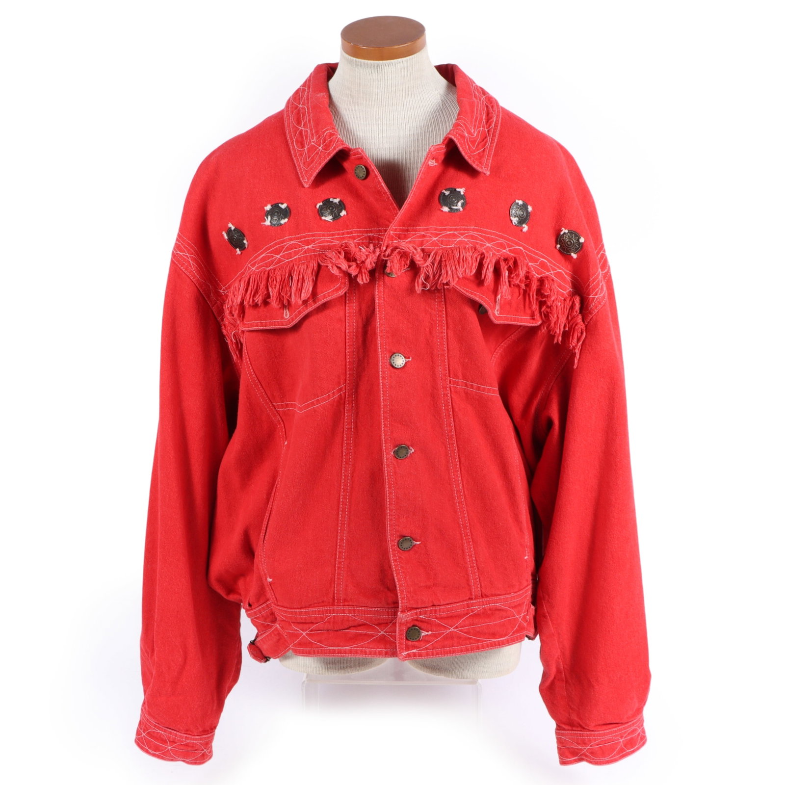 Dries Van Noten red denim jacket 25"Pit to pit x 28"Collar to bottom hem x 20 1/2"Bottom hem; size L (1 of 12)