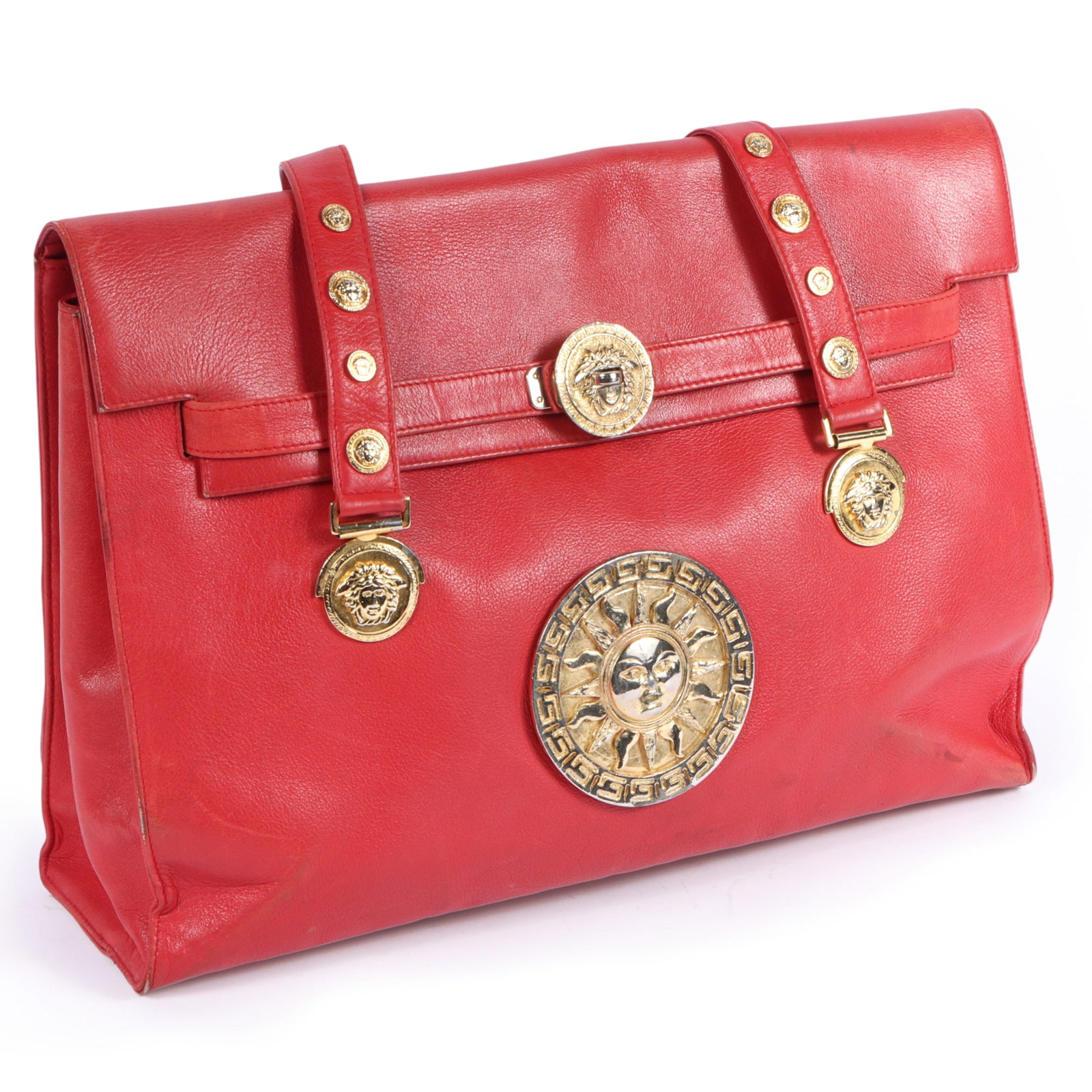 LARGE Gianni Versace Medusa Sunburst red leather double handle bag 11"H x 15 1/2W x 4"D; 12 (1 of 17)