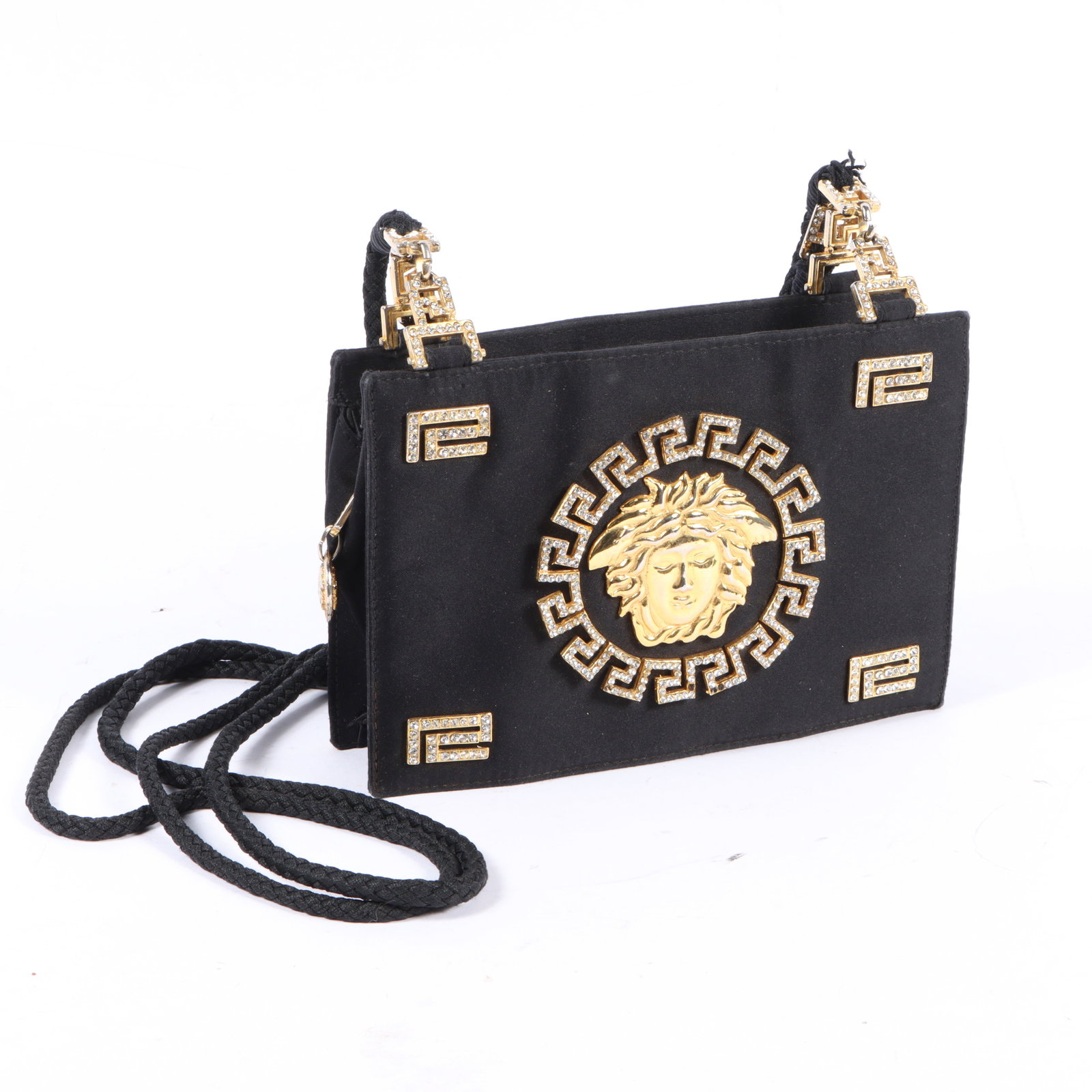 Extremely Rare 1990s Gianni Versace Couture Medusa & rhinestone black satin handbag 6"H x 8 3/4"W x (1 of 13)