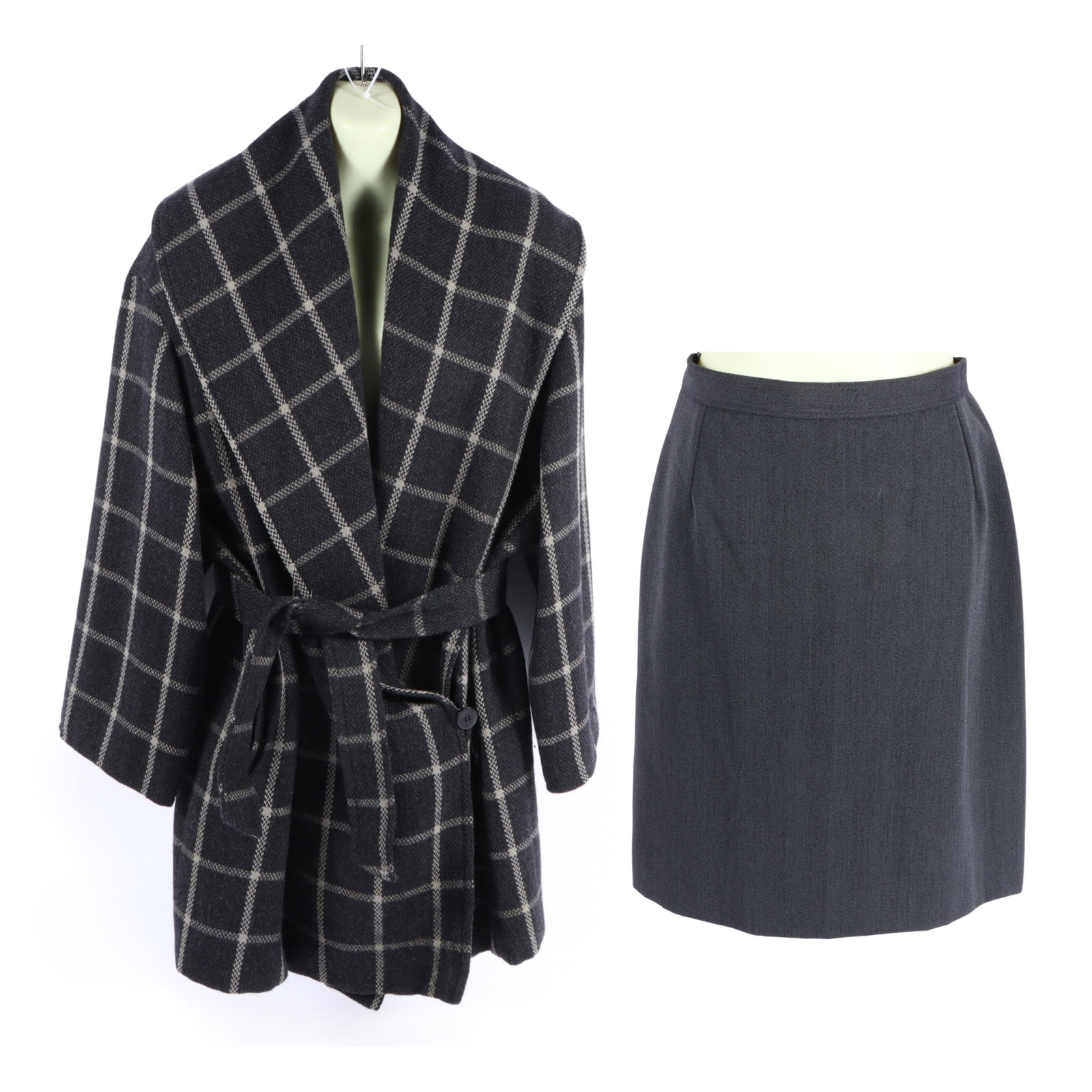 Giorgio Armani wool windowpane check 3/4 length wrap jacket & grey wool pencil skirt 27"Pit to pit, (1 of 20)