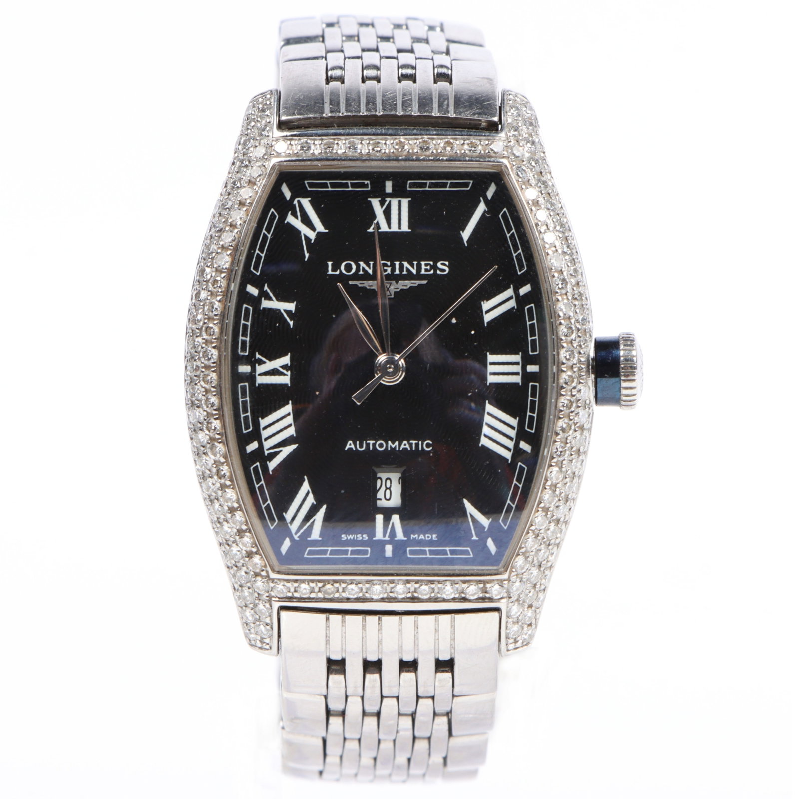 Longines Evidenza Ladies' watch with three row diamond bezel and stainless steel band 3 1/2"H x 5: Longines Evidenza Ladies' watch with three row diamond bezel and stainless steel band Evidenza 26 Automatic Diamond, Movement, Longines caliber L595 Hours, Minutes, Seconds | Date, Stainless Steel, ge