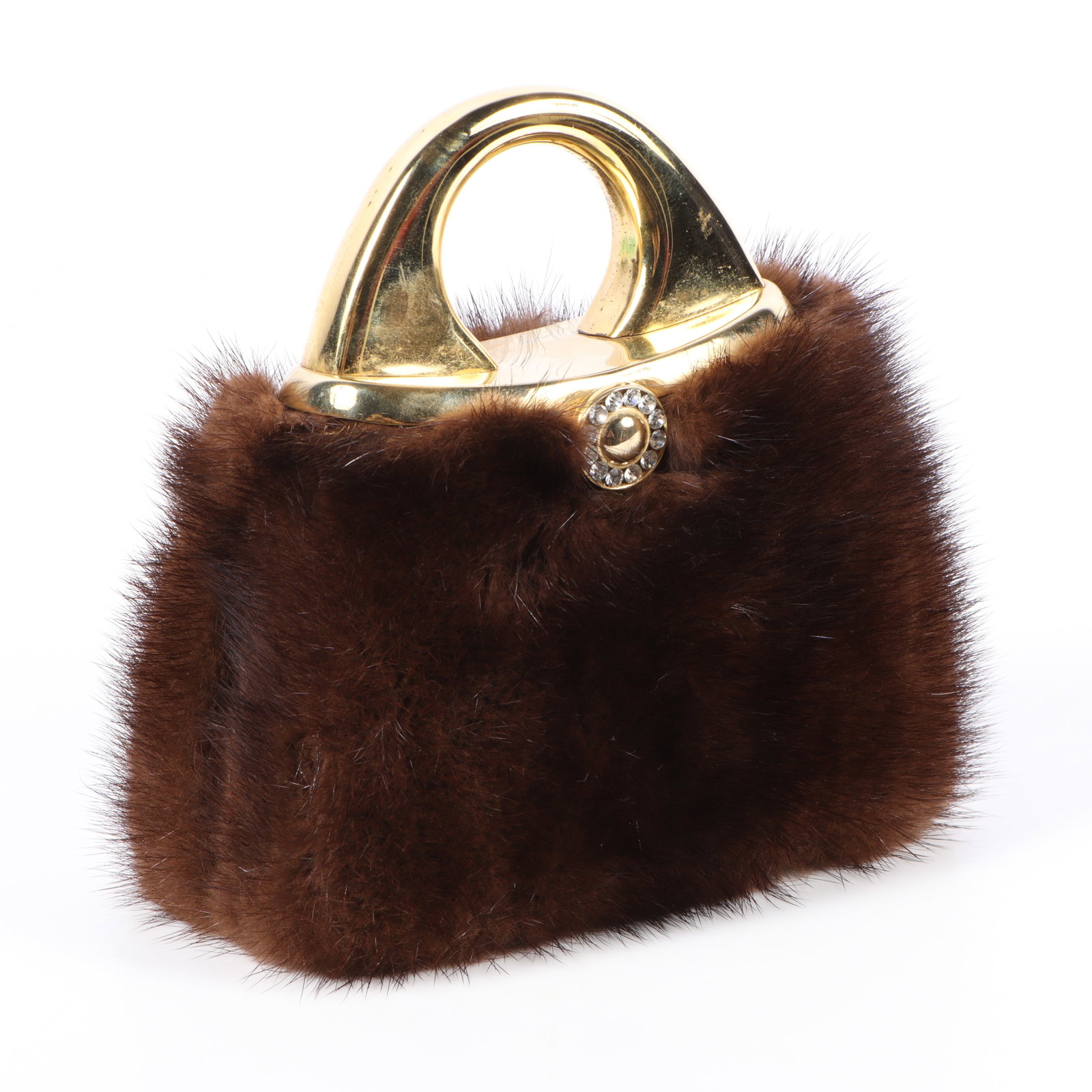 Mink fur handbag shoulder bag with gold tone hardware and rhinestone accent 5"H x 6 1/2"W x 3 (1 of 11)