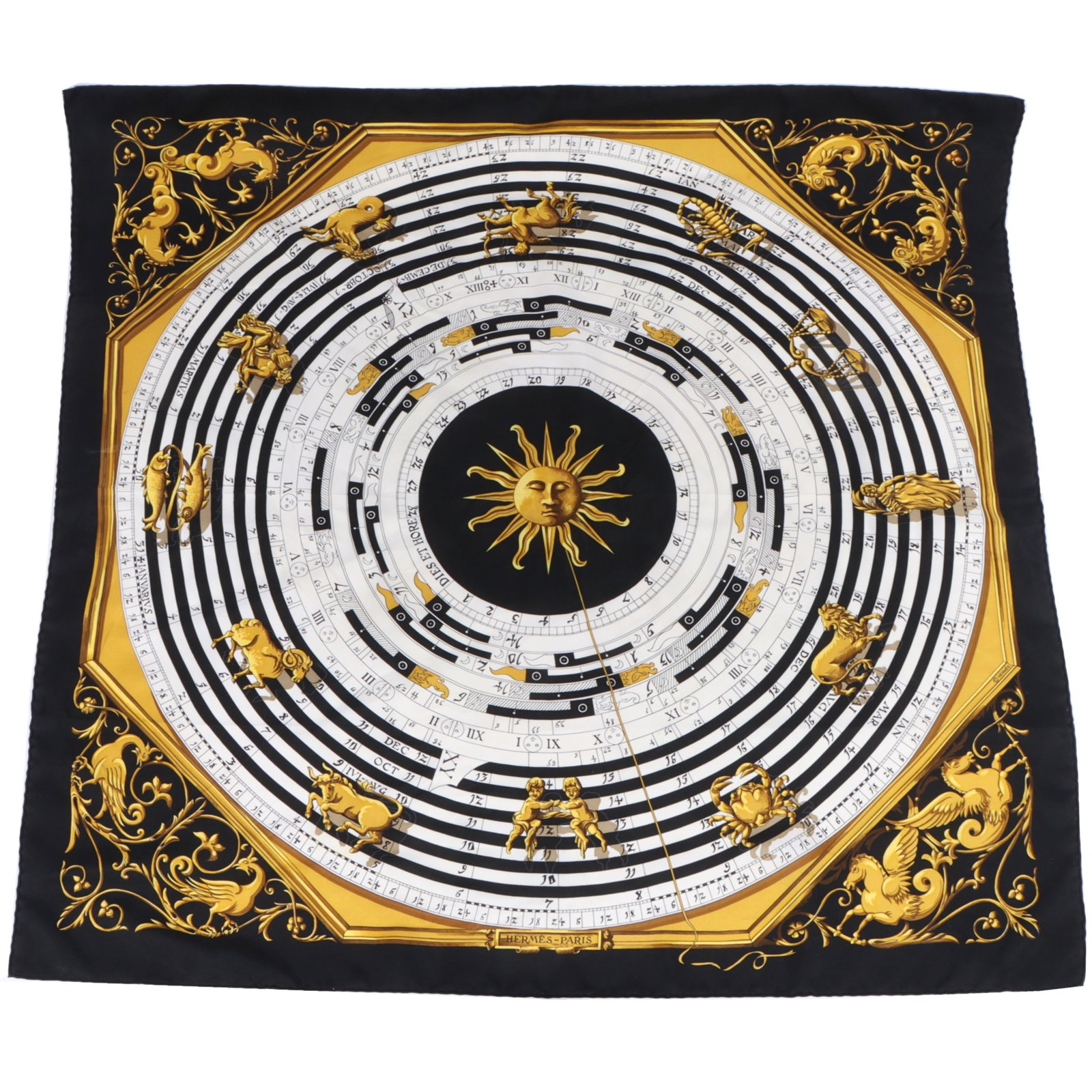 Hermes Astrologie Dies et Hore Silk Scarf Designed by Francoise Faconnet, Featuring a Astrological: Hermes Astrologie Dies et Hore Silk Scarf Designed by Francoise Faconnet, Featuring a Astrological Calendar Design on a Black Background 34 1/2"H x 34 1/2"W
