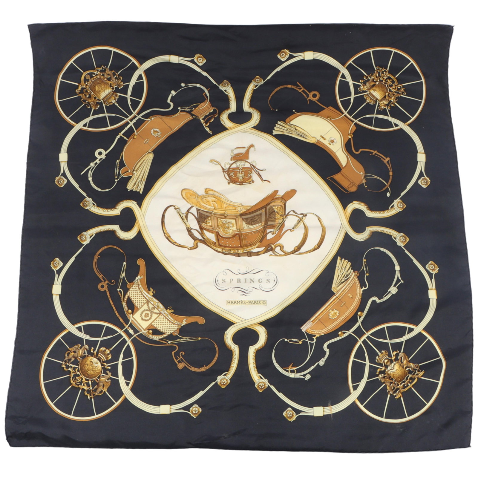 Hermes Springs Silk Scarf, Designed by Philippe Ledoux, Features a Detailed Gold Carriage Motif (1 of 11)