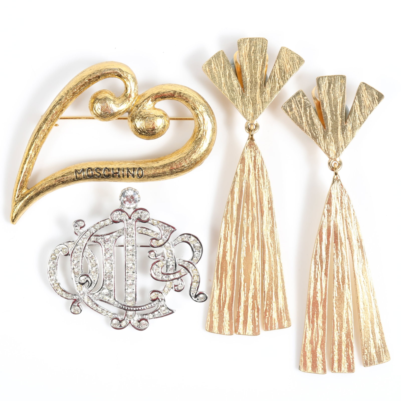 Designer jewelry 3pc group: Christian Dior monogram rhinestone brooch, Moschino heart brooch, and (1 of 13)