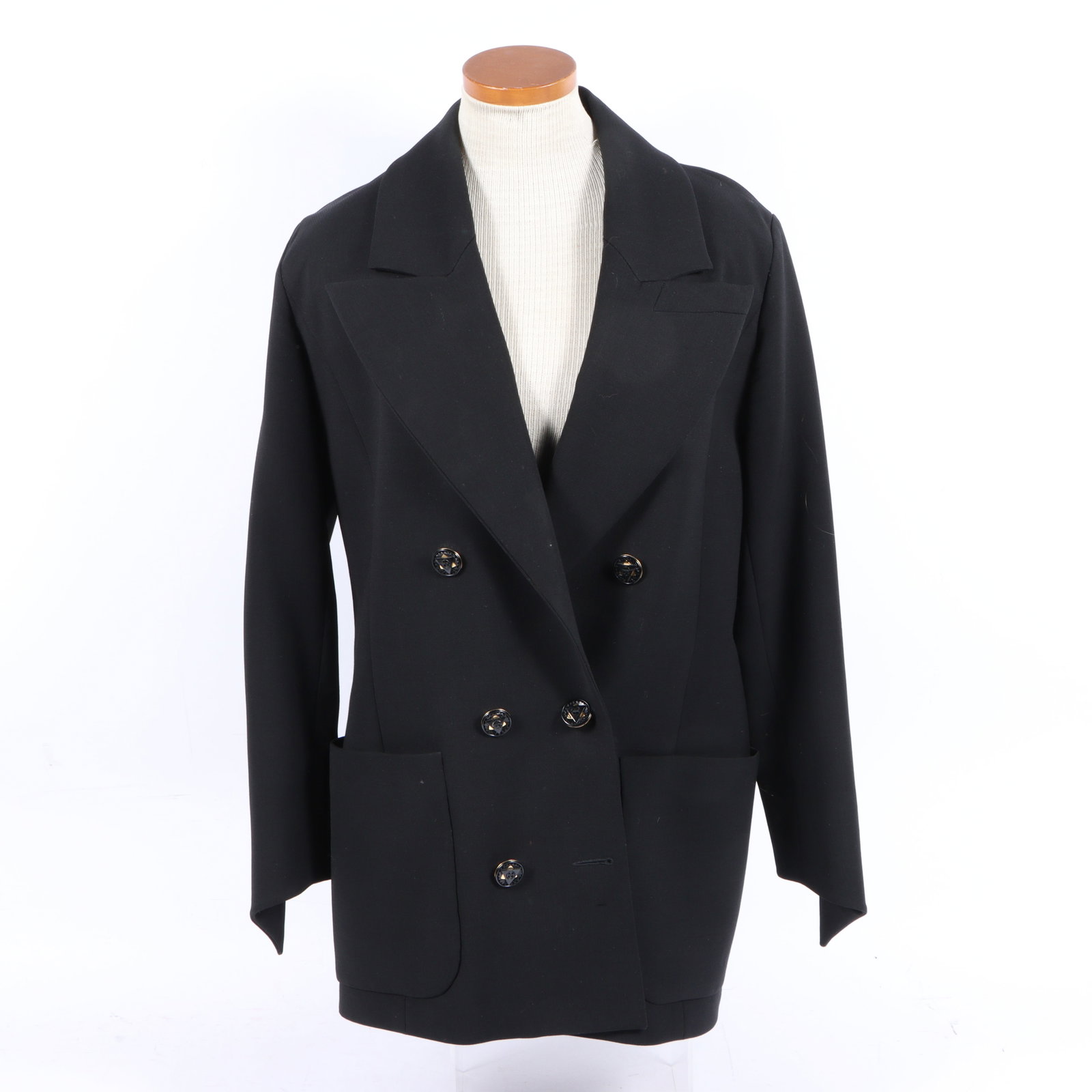 Karl Lagerfeld black double-breasted 3/4 blazer jacket 19" pit to pit, 22 1/2" center front to hem, (1 of 11)