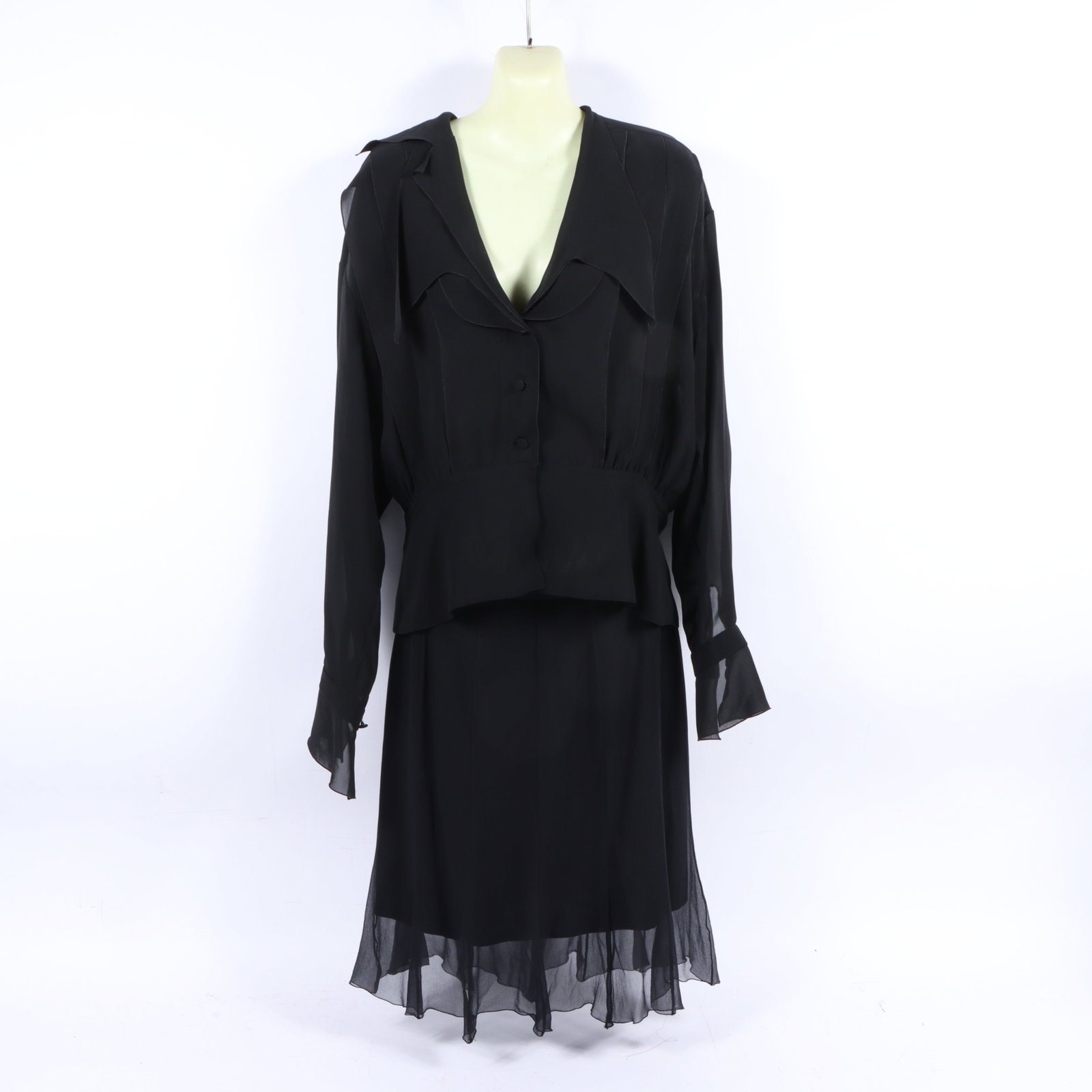 Karl Lagerfeld black silk & chiffon blouse and skirt set 20" pit to pit, 12" center front to hem,: Karl Lagerfeld black silk & chiffon blouse and skirt set A vintage black blouse and skirt set, featuring sheer chiffon with ruffle details. The blouse has a button-up front and a wide, asymmetrical co