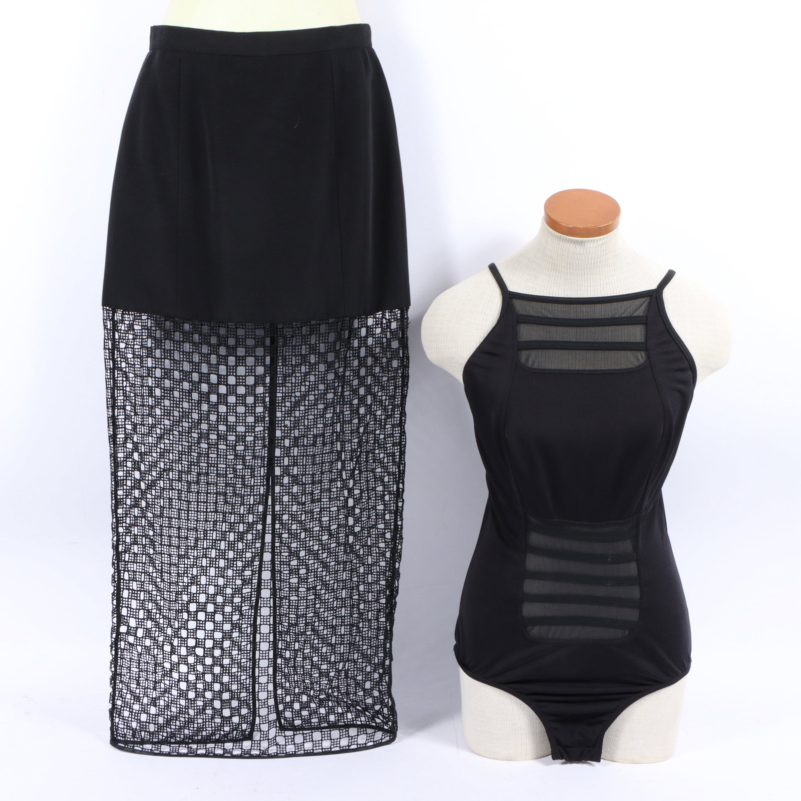 Karl Lagerfeld 1993 black net mesh maxi skirt and mesh panel bodysuit 15-21" pit to pit, 35" neck to (1 of 17)