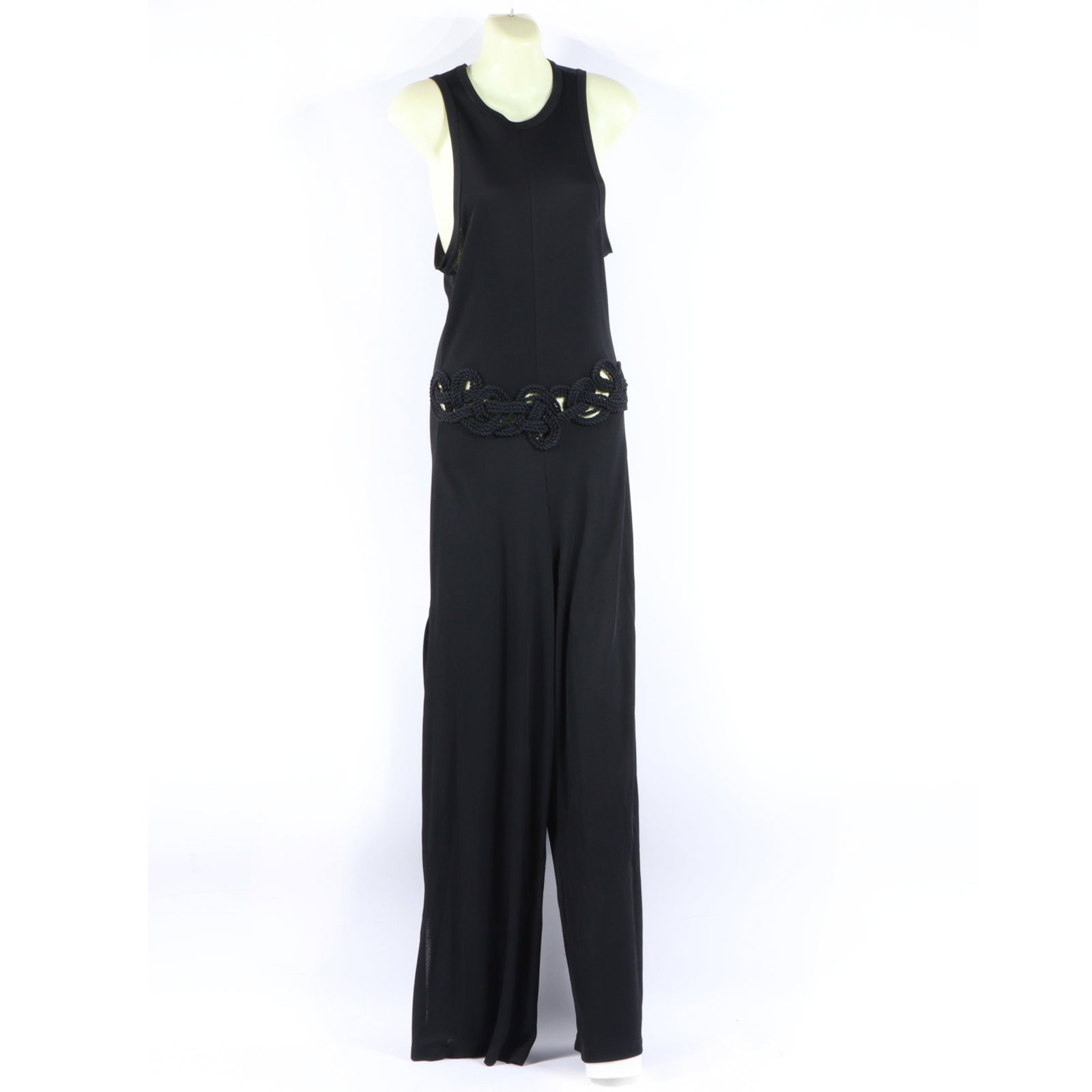 La Perla black jumpsuit with waist cutout 14 1/2"Pit to pit x 57"Collar to bottom hem x 11"Waist x: La Perla black jumpsuit with waist cutout This piece includes a sleevelss top, a cutout waist with rope accents and wide legs with side slits. The piece has a back zipper and original tags attached. 1