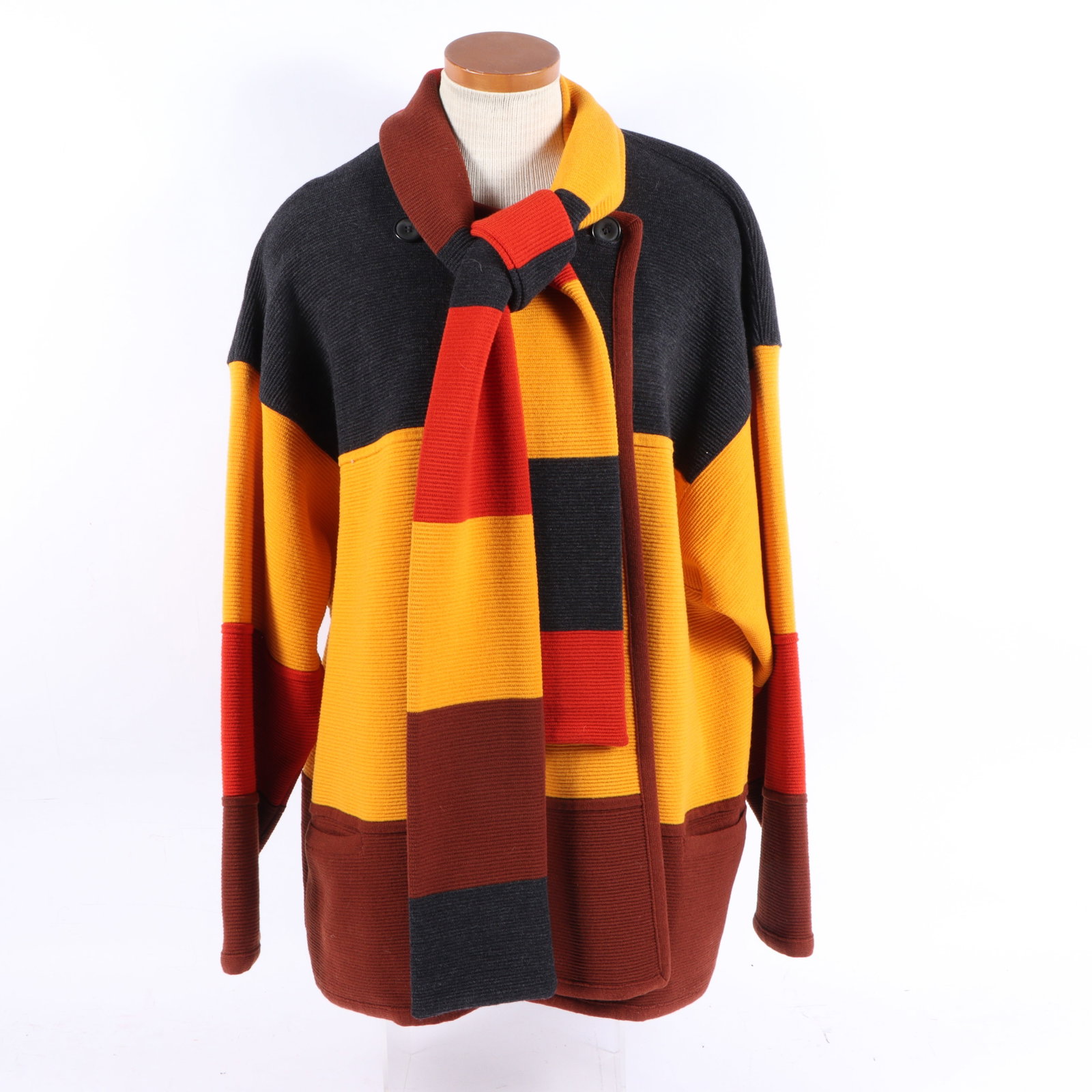Escada by Margaretha colorblock sweater with attached scarf 24"Pit to pit x 28"Collar to bottom hem: Escada by Margaretha colorblock sweater with attached scarf Several minor holes. 24"Pit to pit x 28"Collar to bottom hem x 24"Bottom hem; size 38