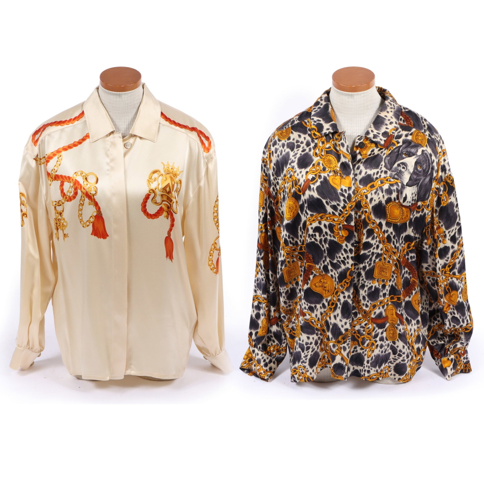 Pair of Escada rope & crown and dog & chains silk Blouse shirt tops, 22" pit to pit, 24" center (1 of 18)