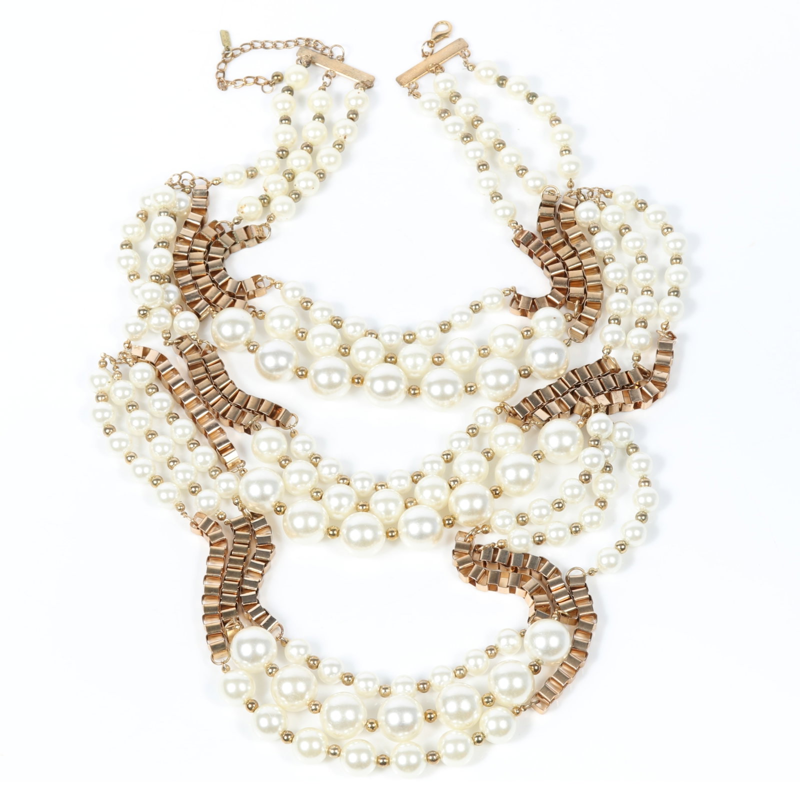 Escada layered faux pearl festoon statement necklace 20"L - 24"L adjustable x 18"Drop: Escada layered faux pearl festoon statement necklace Provenance: From the private collection of Dr. Claudia Brodhead 20"L - 24"L adjustable x 18"Drop