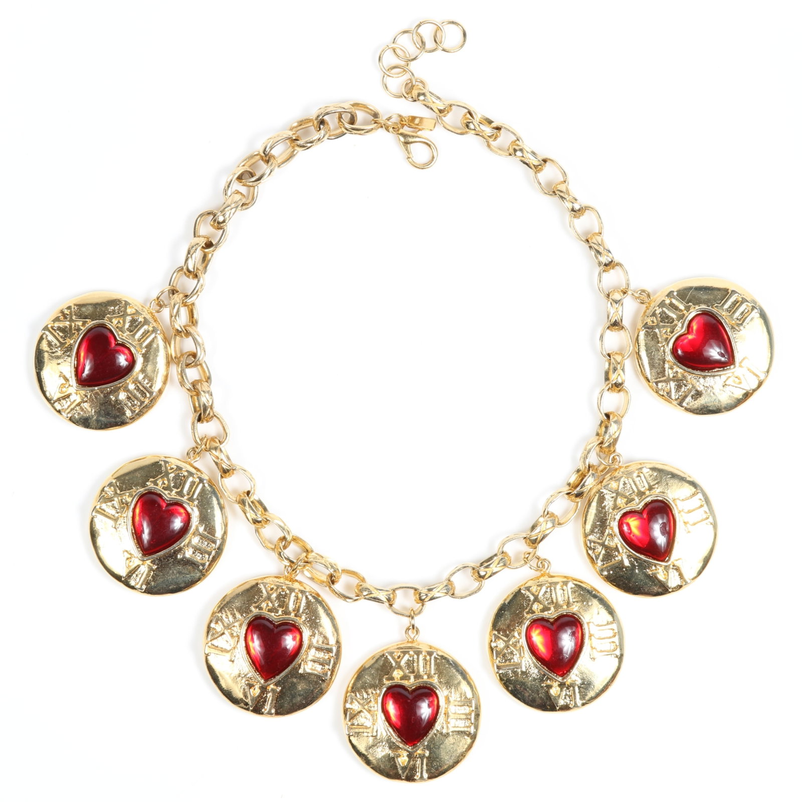 Escada gold tone red hearts and coin drop maximalist runway style necklace 19"L x 20"L, adjustable x: Escada gold tone red hearts and coin drop maximalist runway style necklace Provenance: From the private collection of Dr. Claudia Brodhead 19"L x 20"L, adjustable x 2 1/2"W