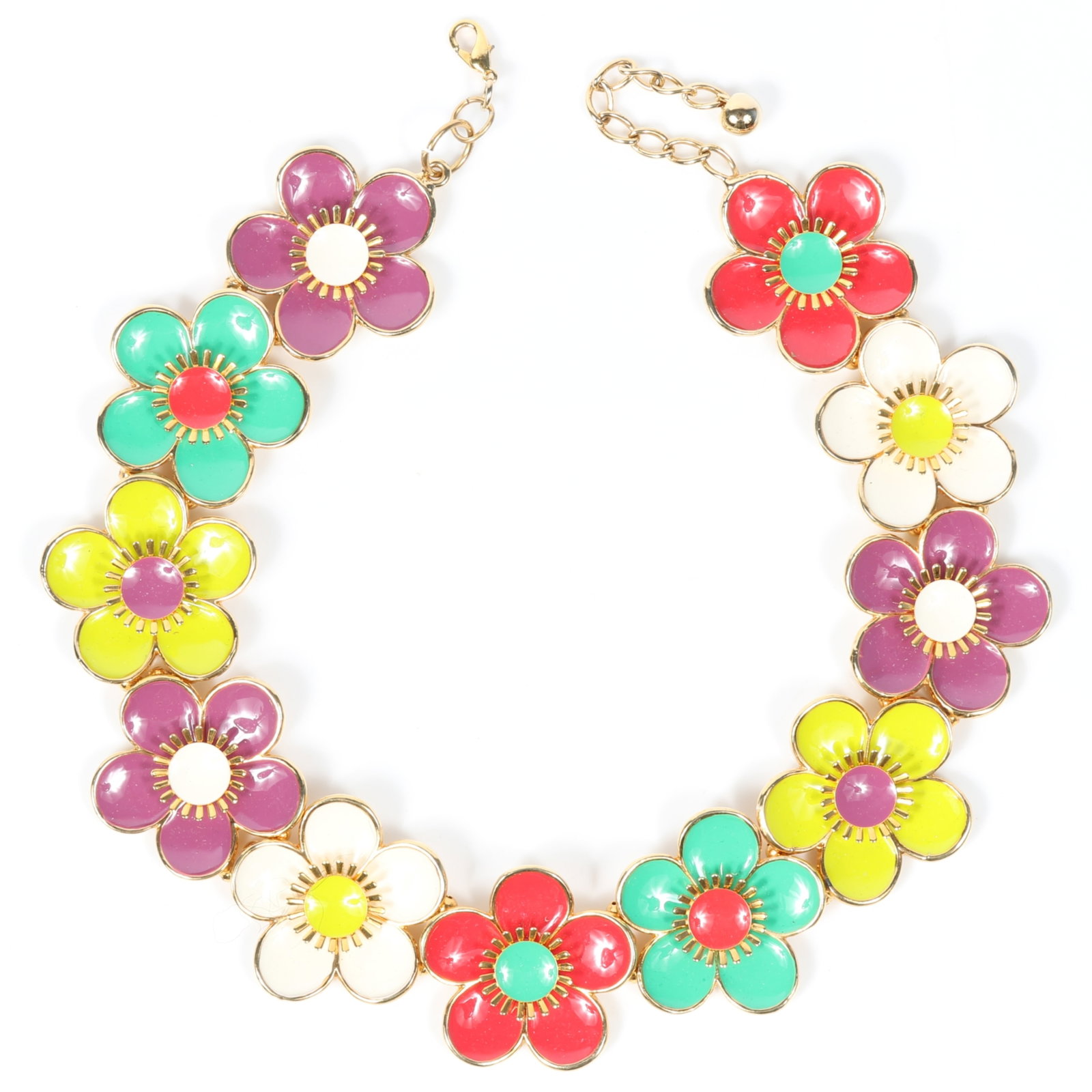 ESCADA by Margaretha Ley colorful layered enamel floral runway necklace, unsigned 16"L x 1 5/8"W: ESCADA by Margaretha Ley colorful layered enamel floral runway necklace, unsigned Provenance: From the private collection of Dr. Claudia Brodhead 16"L x 1 5/8"W