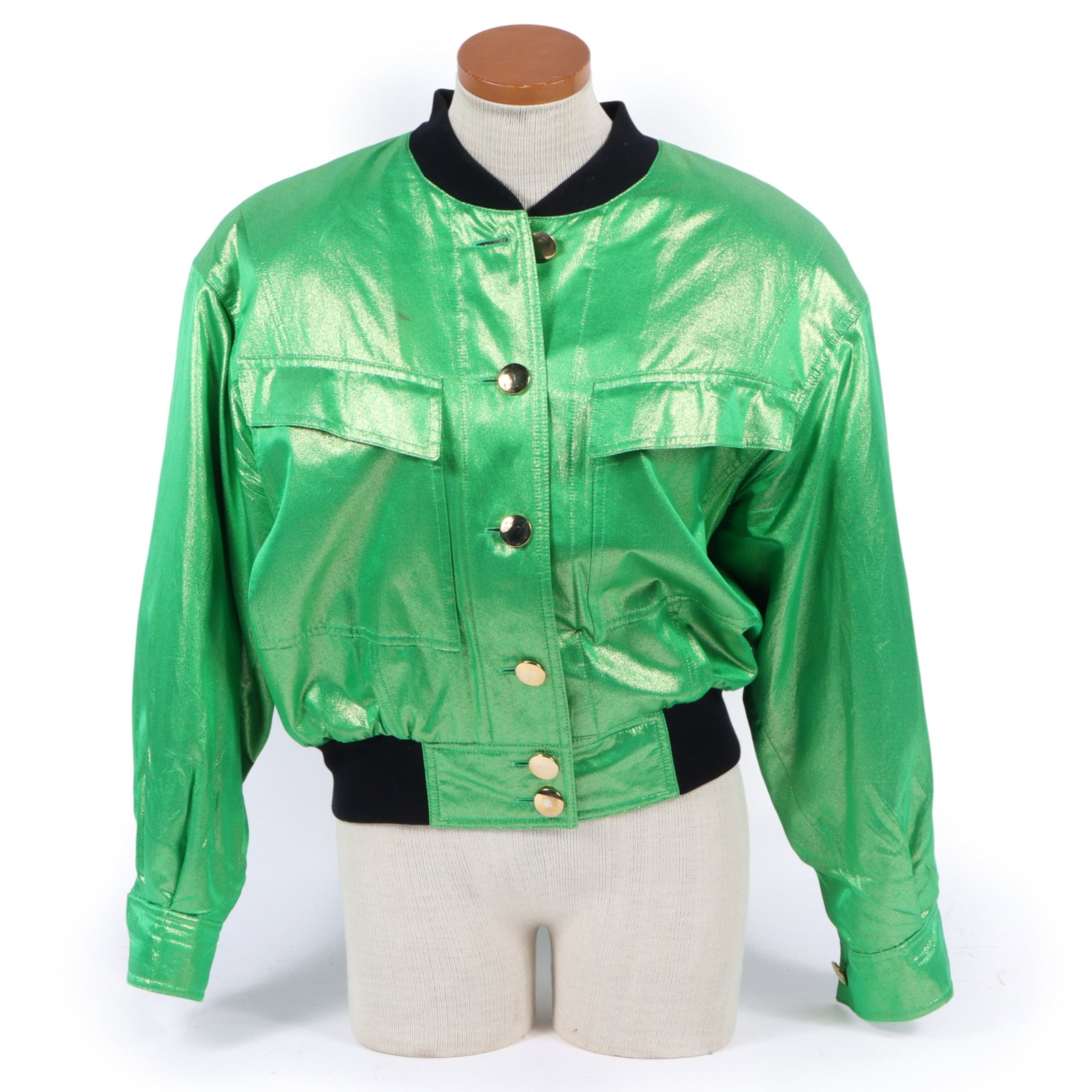 1980s Escada Margaretha Ley metallic Green Bomber Jacket with black knit trim 20 1/2" pit to pit, 19 (1 of 11)