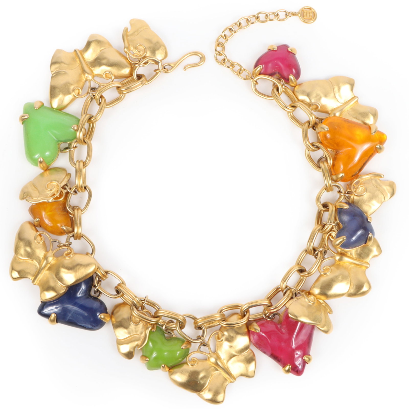 1990s Givenchy lucite and butterfly dangle charm gold tone necklace 21 1/4"Long x 2 1/4"W: 1990s Givenchy lucite and butterfly dangle charm gold tone necklace Provenance: From the private collection of Dr. Claudia Brodhead 21 1/4"Long x 2 1/4"W