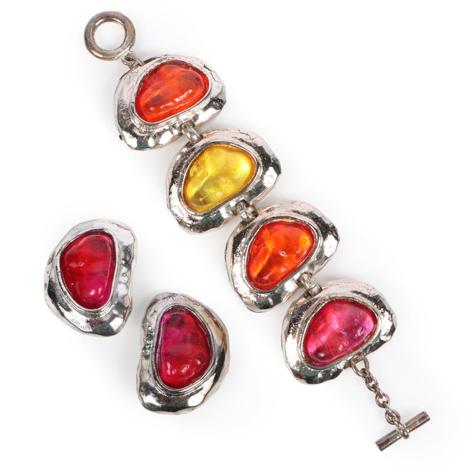 Edouard Rambaud colorful gripoix silver tone bracelet and clip on earrings 7 1/2"Long x 1 1/4"W: Edouard Rambaud colorful gripoix silver tone bracelet and clip on earrings Provenance: From the private collection of Dr. Claudia Brodhead 7 1/2"Long x 1 1/4"W (bracelet)