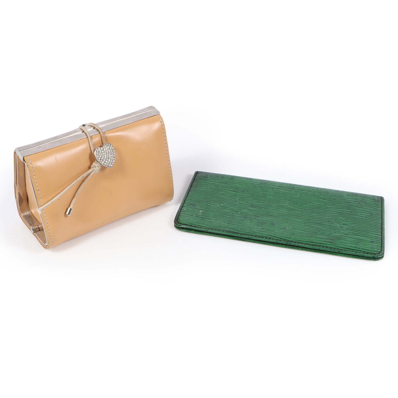 Louis Vuitton Epi green leather checkbook cover & Moschino tan leather mini bag 3"H x 4 3/4"W x 2: Louis Vuitton Epi green leather checkbook cover & Moschino tan leather mini bag Light wear on Moschino closure string and stains on inner lining edges. Louis Vuitton checkbook cover appears to have sp