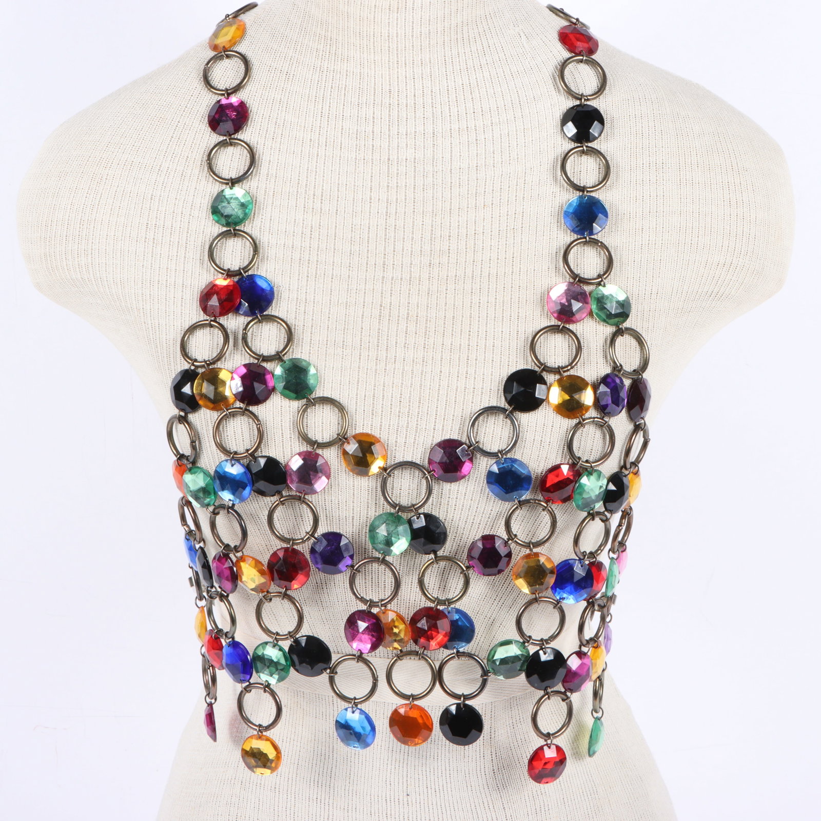 Body jewelry rhinestone halter top bodice with multi colored jewels and connecting rings 14"L x 14"W: Body jewelry rhinestone halter top bodice with multi colored jewels and connecting rings Provenance: From the private collection of Dr. Claudia Brodhead 14"L x 14"W