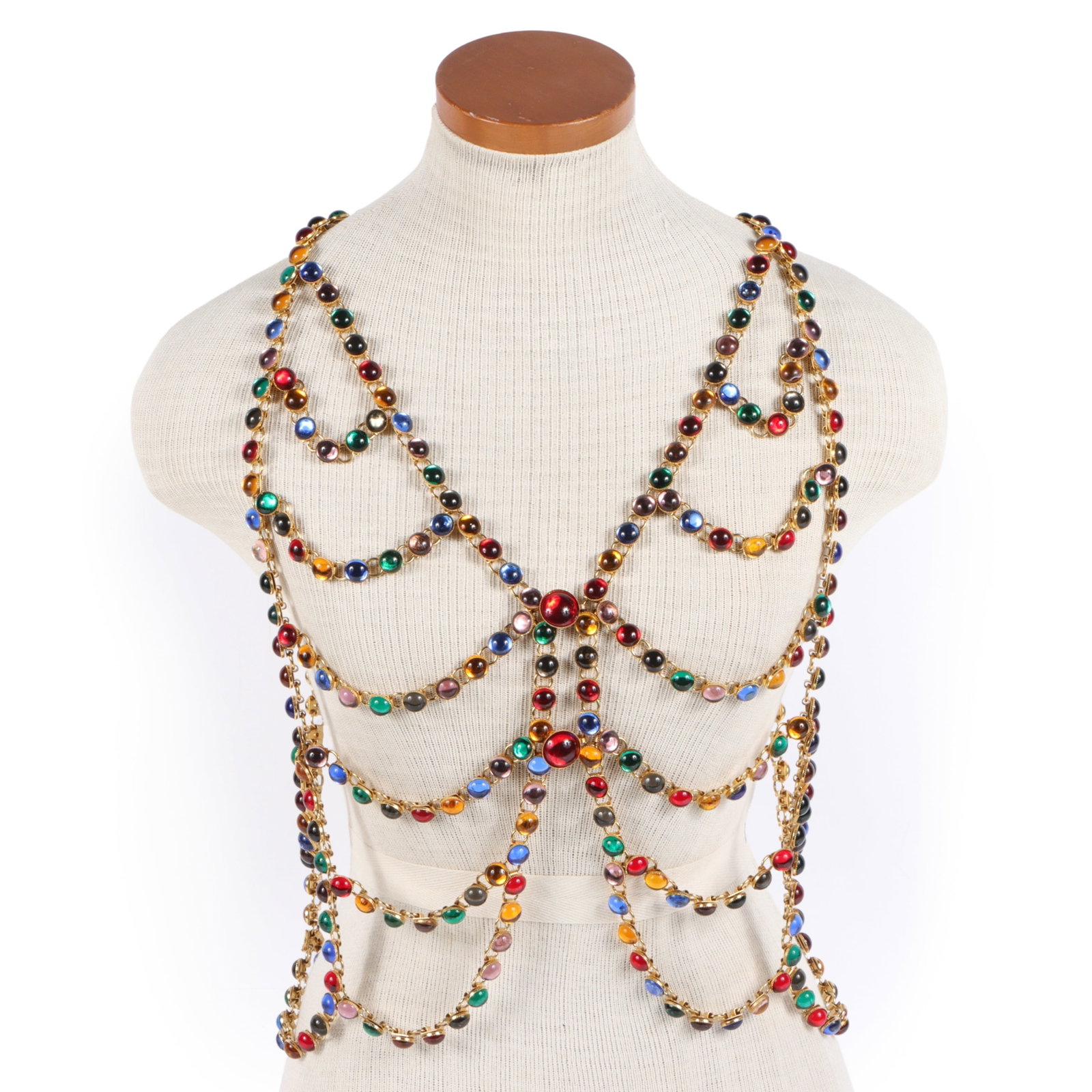 Body jewelry rhinestone vest top bodice with multi colored jewels and connecting rings 18"H x 13"W: Body jewelry rhinestone vest top bodice with multi colored jewels and connecting rings Provenance: From the private collection of Dr. Claudia Brodhead 18"H x 13"W