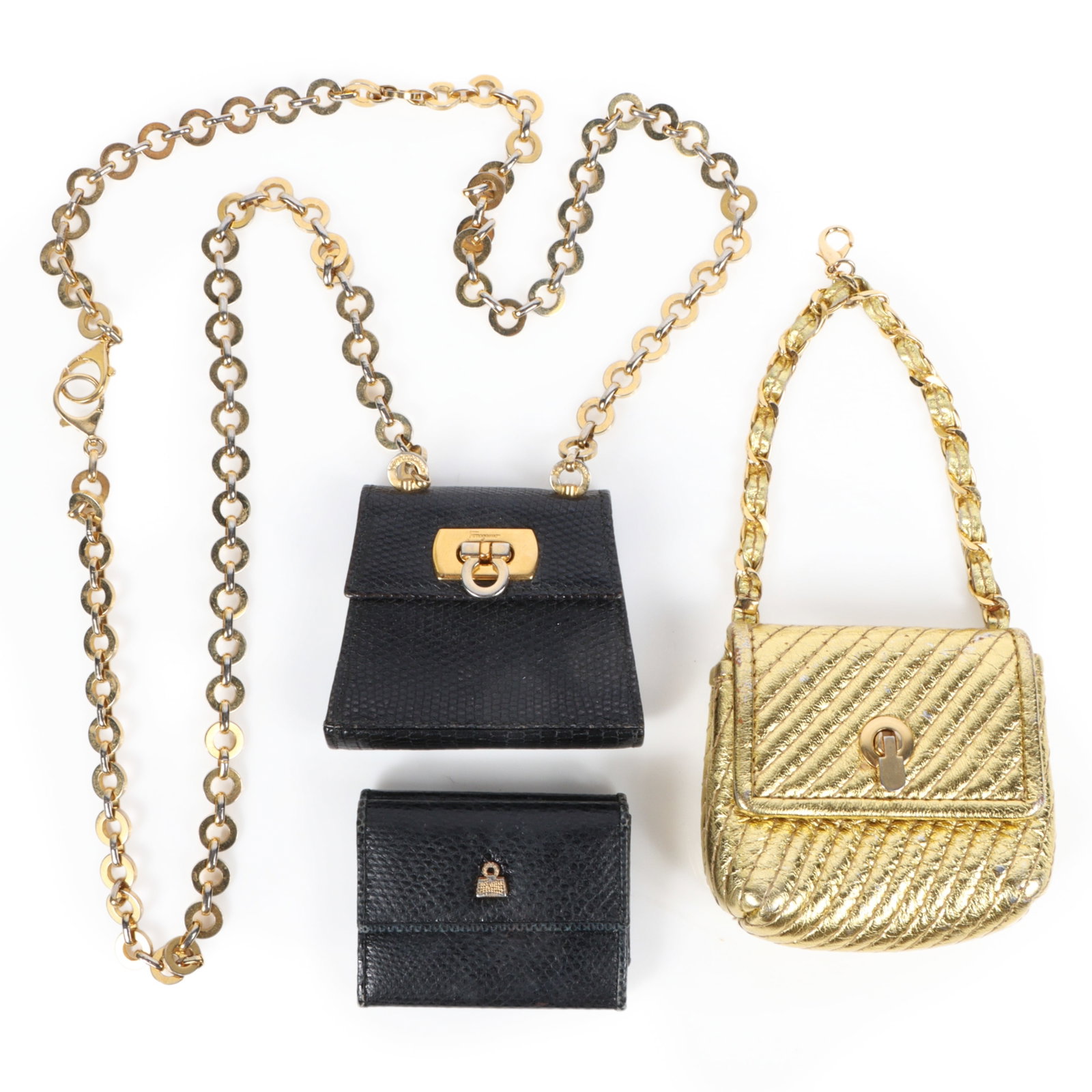 3ps. micro mini bags including a Salvatore Ferragamo Gancini bag, Judith Leiber wallet & Cosci: 3ps. micro mini bags including a Salvatore Ferragamo Gancini bag, Judith Leiber wallet & Cosci quilted bag Includes a black embossed leather Salvatore Ferragamo Gancini bag with a gold tone waist belt