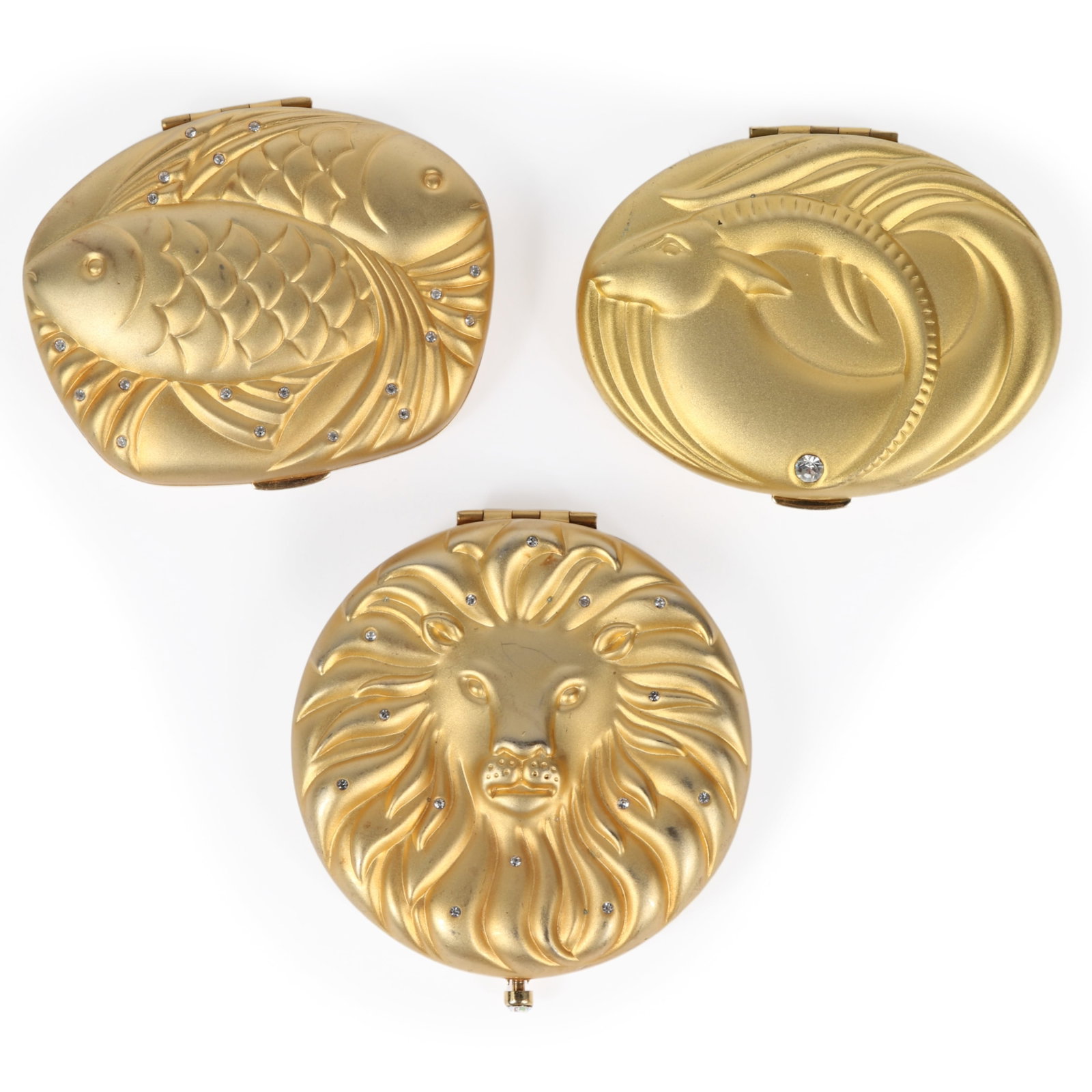 Estee Lauder Golden Capricorn, Pisces, and Leo zodiac powder compacts, 3pc. 5/8"H x 2 7/8" Diam. (1 of 13)