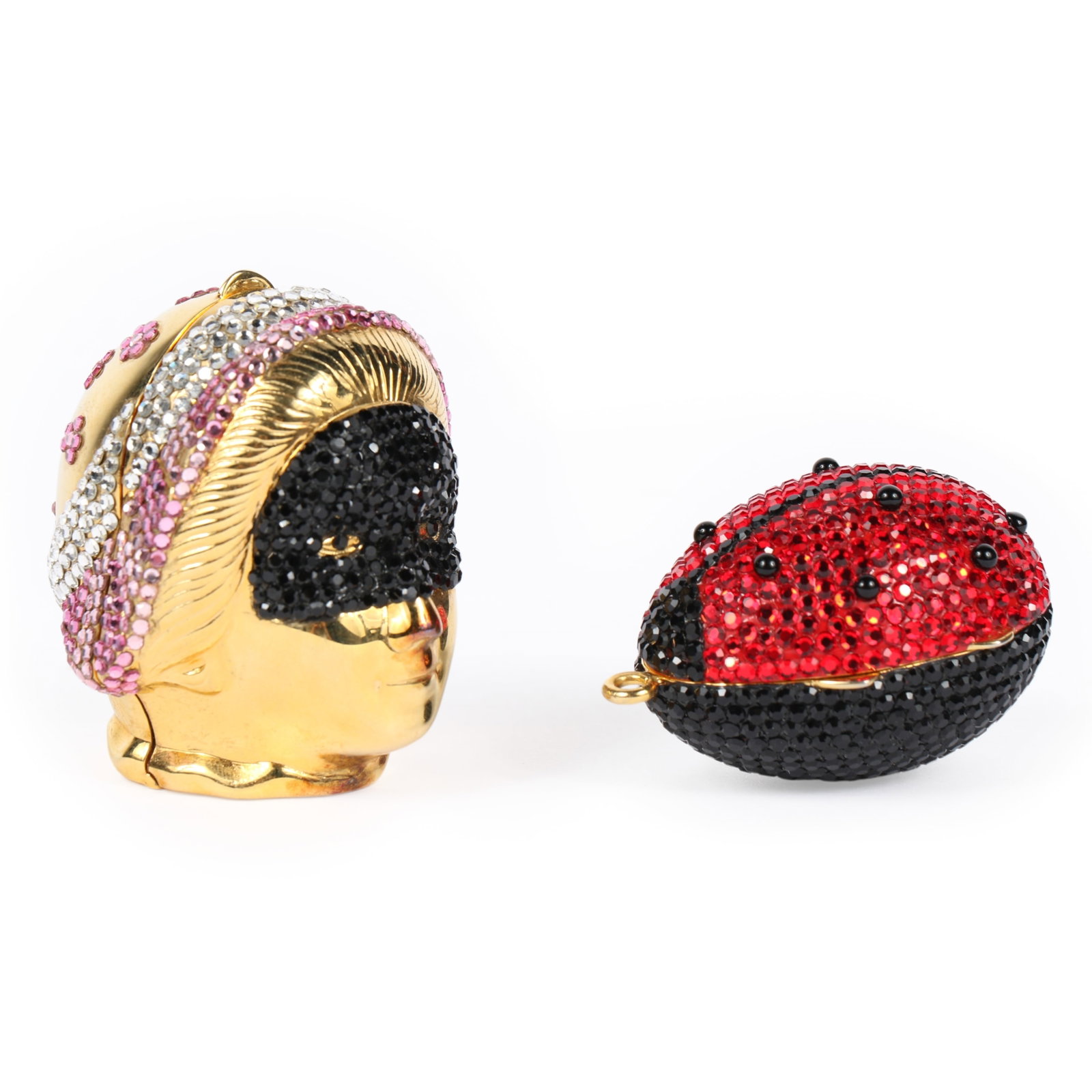 Two Judith Leiber Swarovski crystal studded gold toned figural pill boxes; Minaudiere Head a Ladybug: Two Judith Leiber Swarovski crystal studded gold toned figural pill boxes; Minaudiere Head a Ladybug Trinket Boxes 2"H x 1 3/4"D x 1 5/8"W head