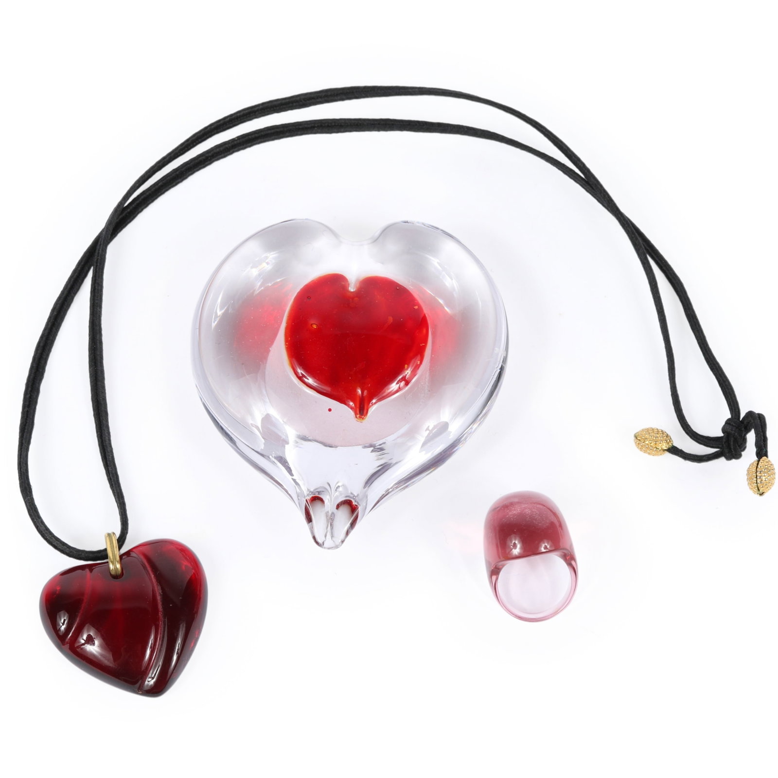 Baccarat red glass heart pendant necklace, fused glass heart paperweight, and a lucite acrylic dome (1 of 14)