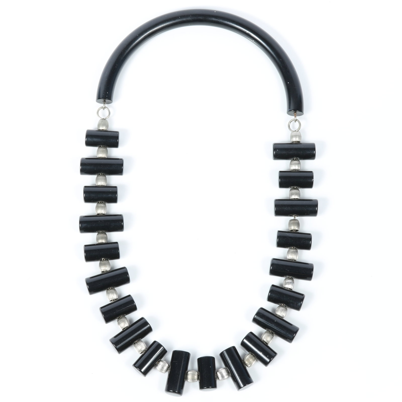Judith Hendler black Lucite resin toggle collar necklace with textured silver tone beads, unsigned (1 of 5)