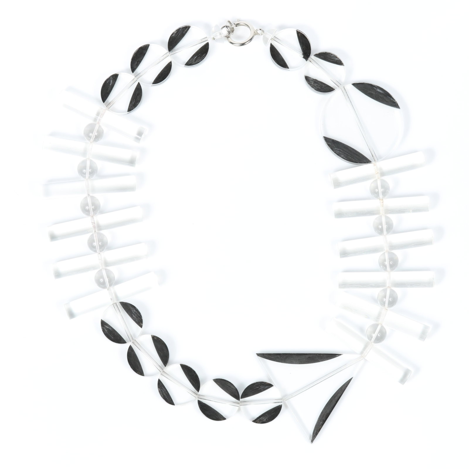 Judith Hendler clear and black lucite resin geometric toggle necklace, unsigned 25"L x 2 1/2"W: Judith Hendler clear and black lucite resin geometric toggle necklace, unsigned Provenance: From the private collection of Dr. Claudia Brodhead 25"L x 2 1/2"W