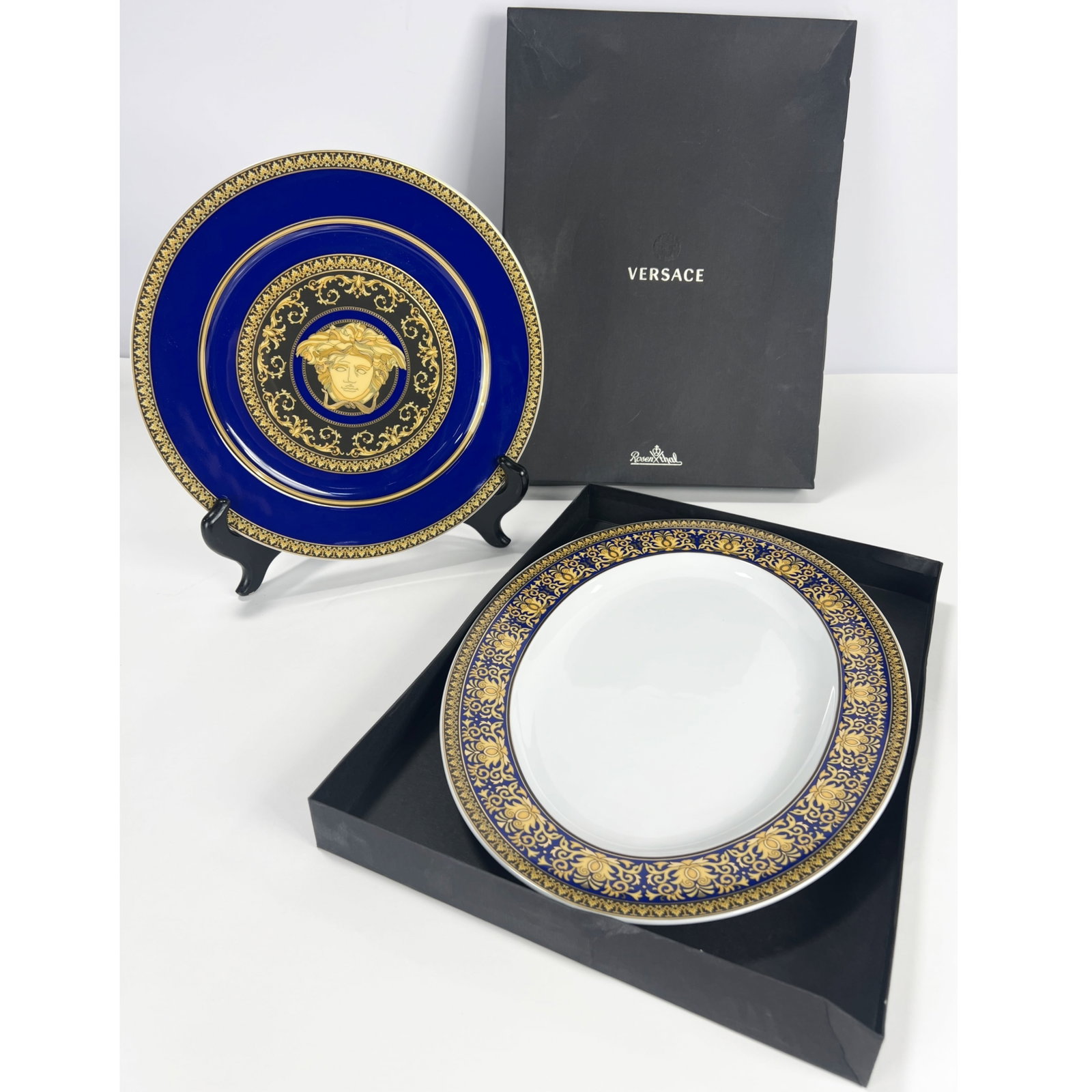 Versace by Rosenthal Medusa Blue Porcelain Service Plate & Platter Set, 2pc. 16? x 12? x 1 1/2? (1 of 8)