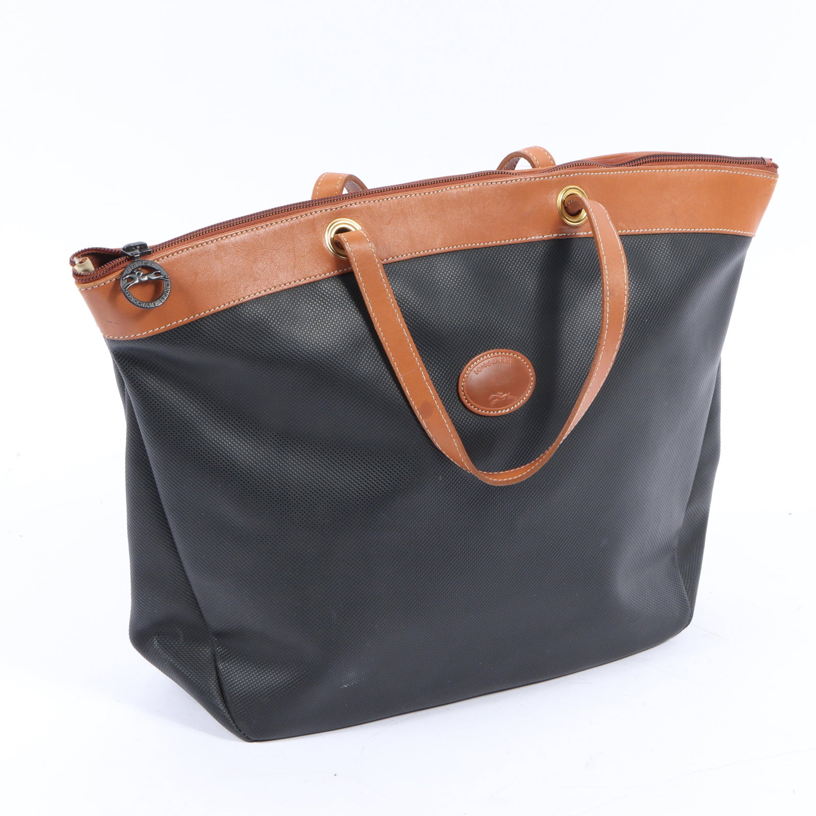 Vintage Longchamp Le Pliage black textured leather and camel leather accent tote shoulder bag 19"H x (1 of 14)
