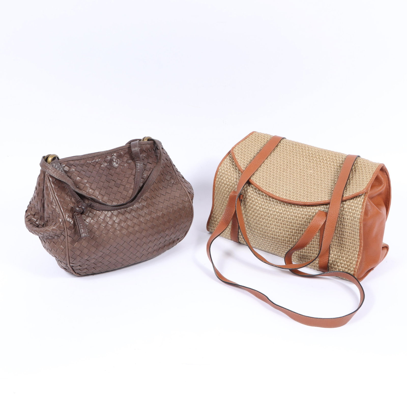 Pair of Bottega Veneta purses including one brown Intrecciato woven leather bag and one raffia woven: Pair of Bottega Veneta purses including one brown Intrecciato woven leather bag and one raffia woven bag with leather accents 10 1/2"H x 13 1/4"W(body), 10"Strap drop - raffia bag measured